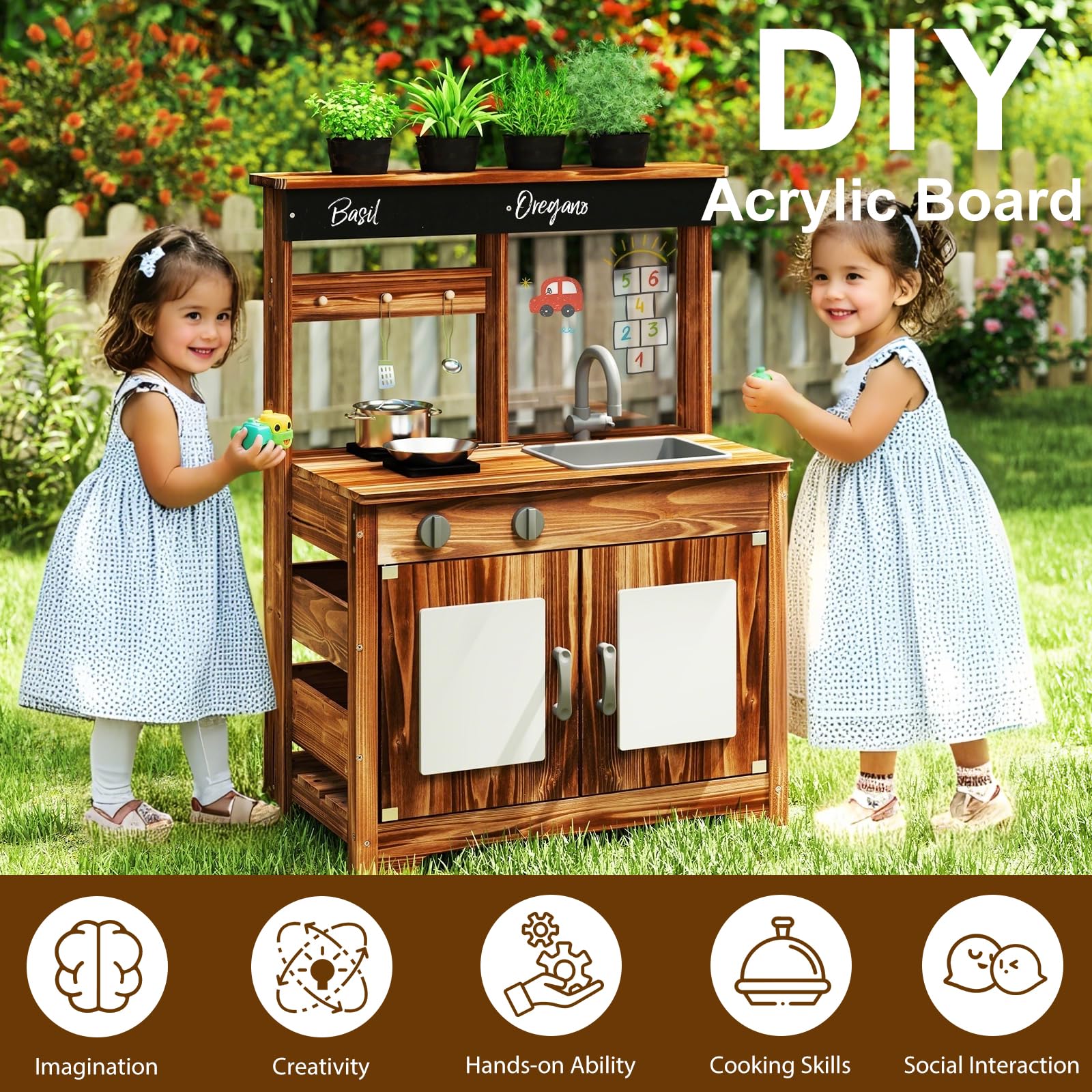 HOMASIS Cuisine d'extérieur en bois, cuisine jouet pour enfants combine cuisine et jardin, cuisine éducative avec tableau blanc, panneaux acryliques, évier et robinet pour enfants à partir de 3 ans