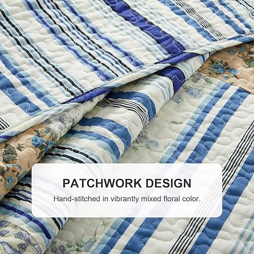 Miniatura 7 de Juego de edredón de retazos, tamaño King, tradicional, hecho a mano, reversible, 100% algodón, vintage, azul, a cuadros (106 x 96 pulgadas), juego