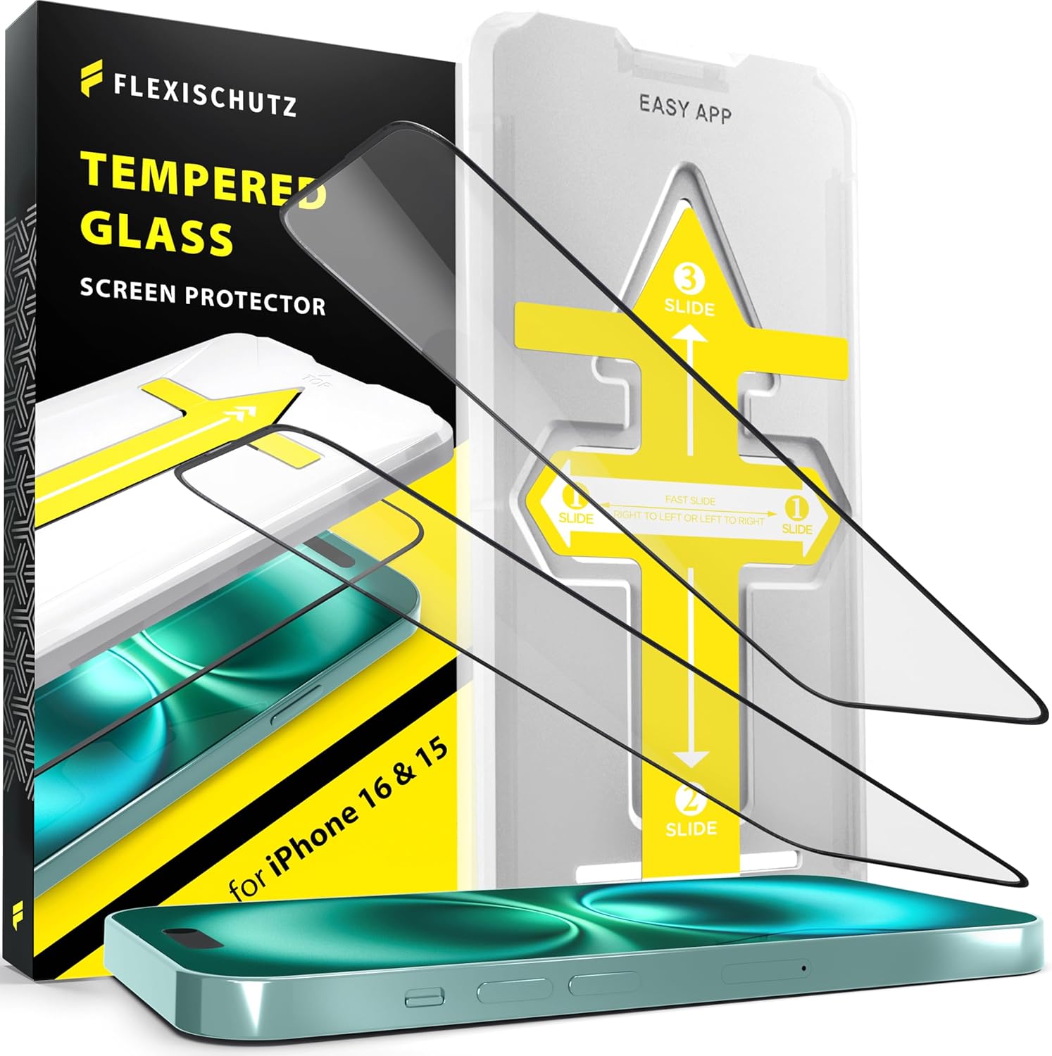 保護ガラス iPhone 15 &amp; iPhone 16対応 スクリーンプロテクター 実用的な取り付け補助付きガラススクリーン