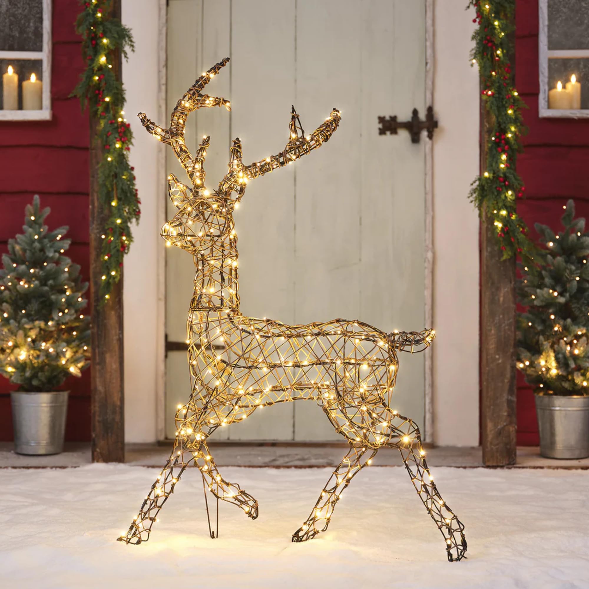 Lights4fun Kunstrattan Studley-Hirsch | mit 260 warmweißen LEDs & 3 Beleuchtungsmodi | solarbetrieben für den Außenbereich | Weihnachten Weihnachtsdeko Weihnachtsbeleuchtung | Rentier Figur Garten