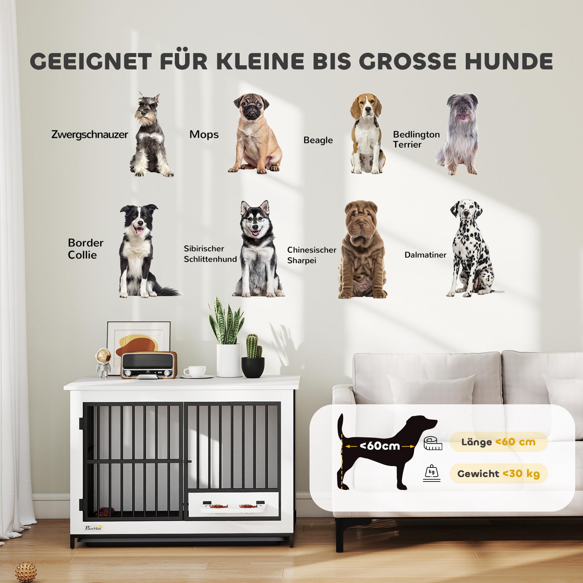 PawHut Hundekäfig Hundebox für Zuhause Abschließbare Hundehütte Indoor mit drehbaren Näpfen, herausnehmbarer Schale für kleine/mittlere/große Hunde Weiß 95 x 60 x 68,5 cm