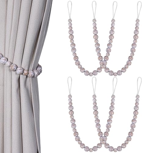 Alzapaños de cortina de cuentas de madera, KLOGTSIND Juego de 4 alzapaños para cortinas finas o gruesas, alzapaños de cortina de estilo rústico de