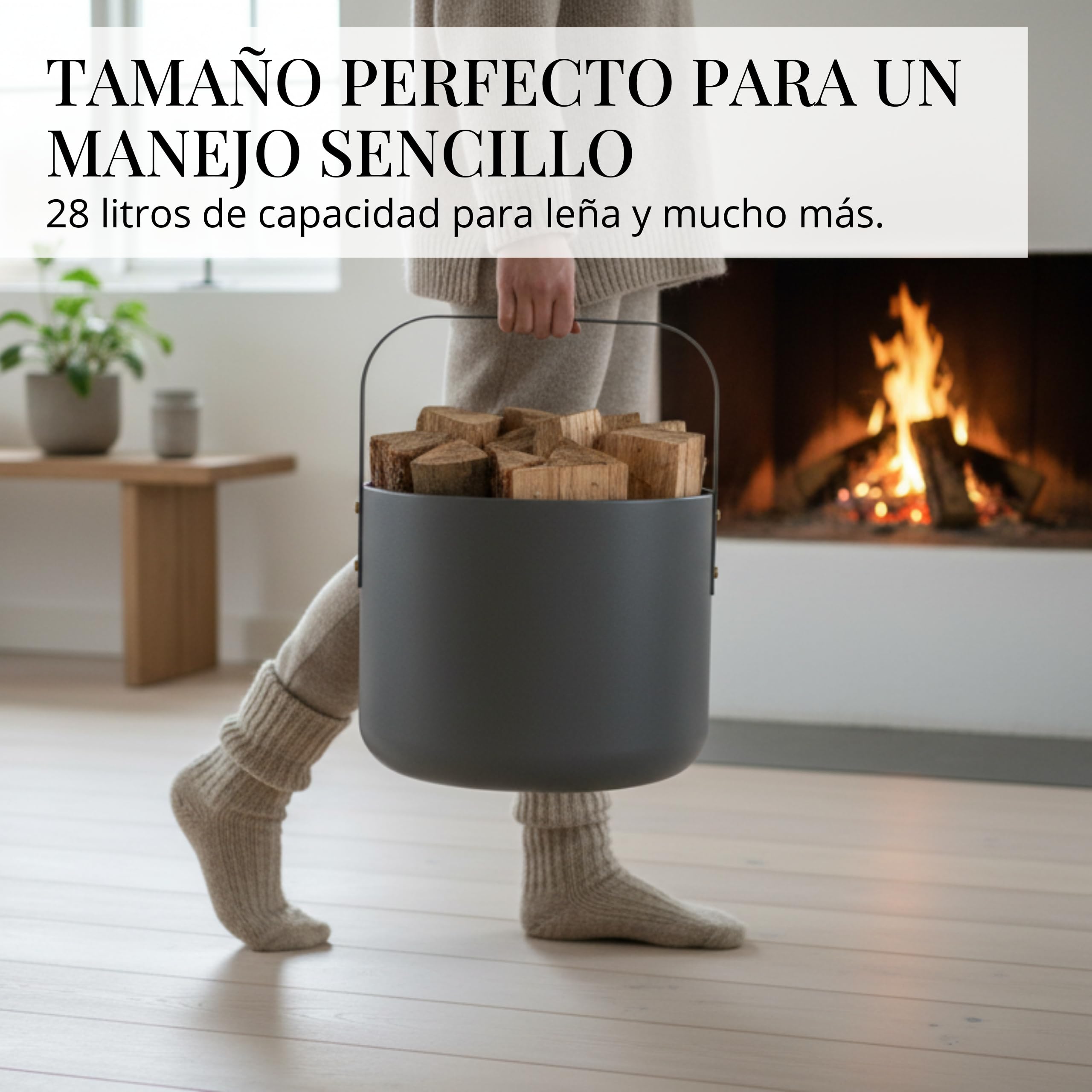 Cesta de diseño LIVLIG para leña de metal, cesta de madera para leña con asa, gran cesta para leña de 36 x 44 cm, cesta de leña como accesorio para chimenea, cesta de almacenamiento con aspecto mate