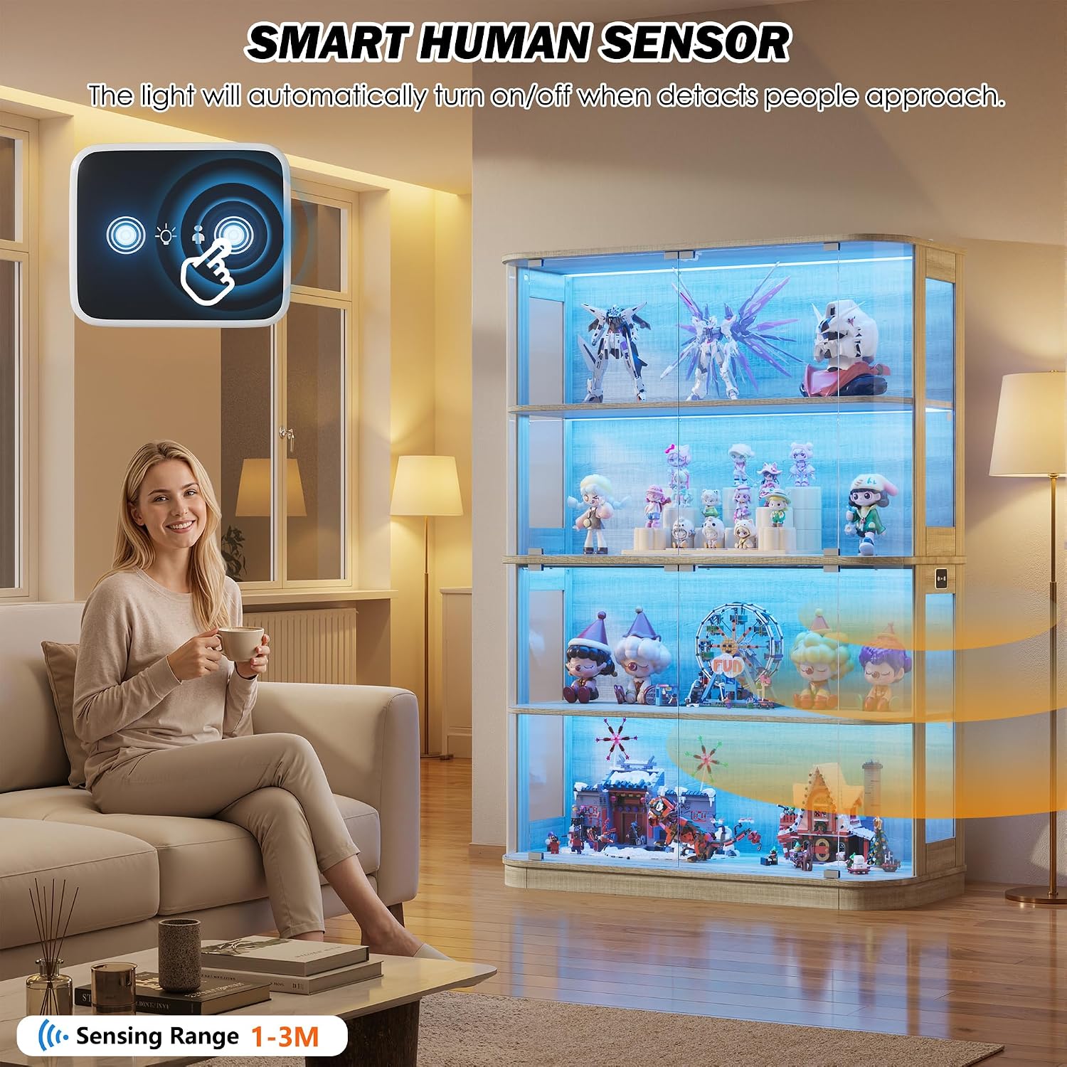 PAKASEPT 47.2" Large Rounded Display Cabinet with Glass Doors, 4-Tier Curio Cabinet Storage Case with LED Lights & Press-to-Open Doors, Modern Display Shelf for Collectible,Human Body Sensor, Natural