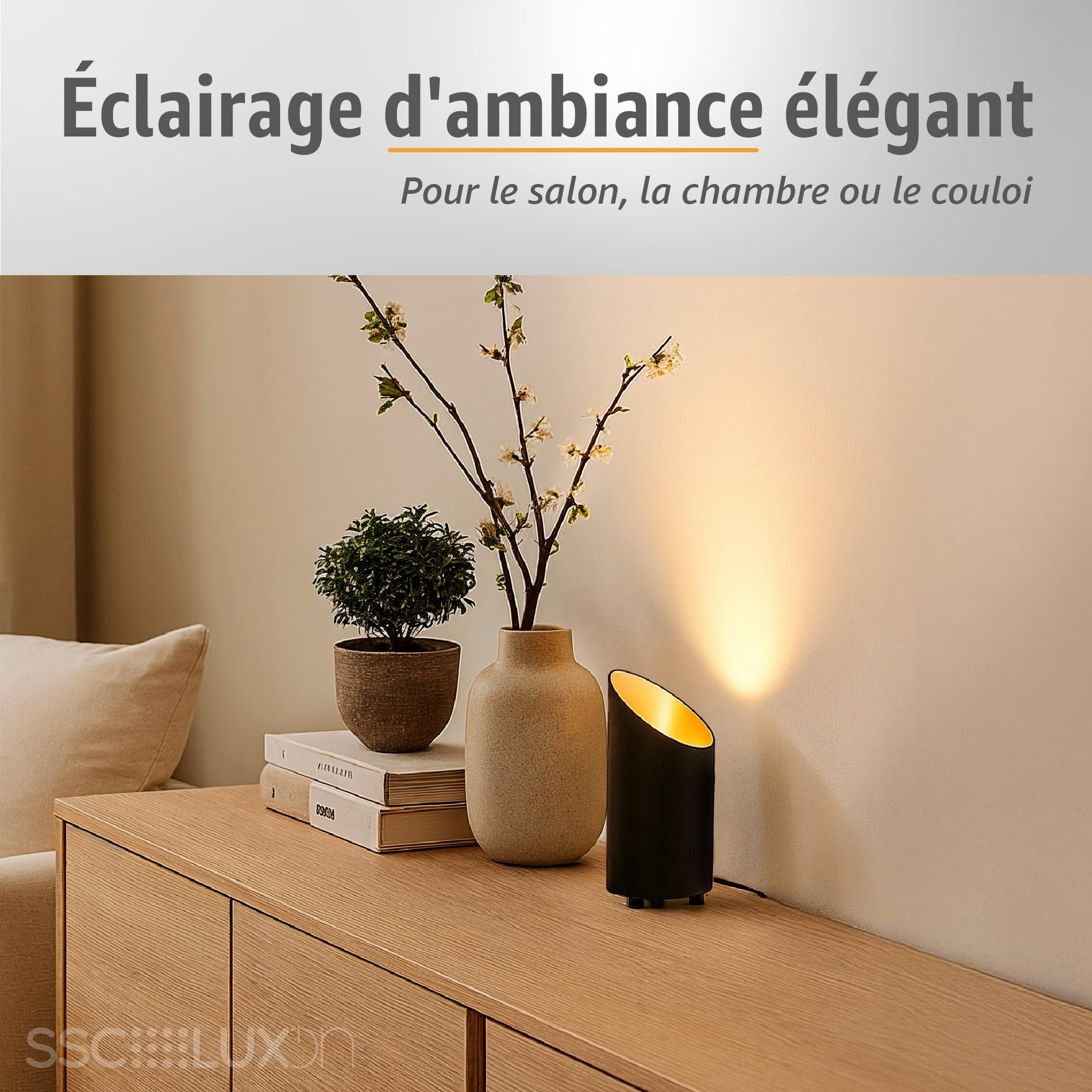 SSC-LUXon AUREVA lot de 2 lampes de sol noir-or – luminaire décoratif LED GU10 pour salon & chambre – petite lampe de chevet design avec interrupteur au pied – aluminium 22 cm
