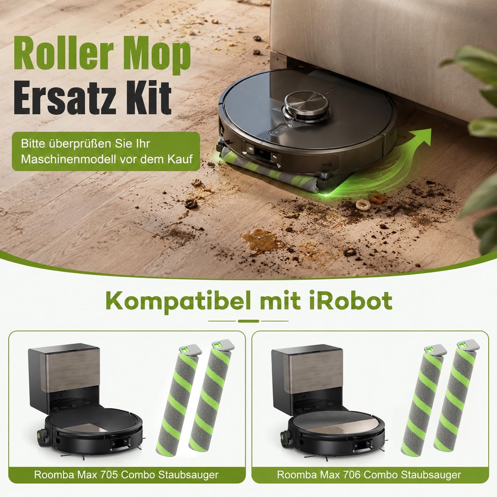 Zestaw 2 wymiennych rolek mopa kompatybilny z iRobot Roomba Max 705/706 Combo, zmywalna ściereczka do czyszczenia rolek z mikrofibry, rolki czyszczące i akcesoria do odkurzacza robota