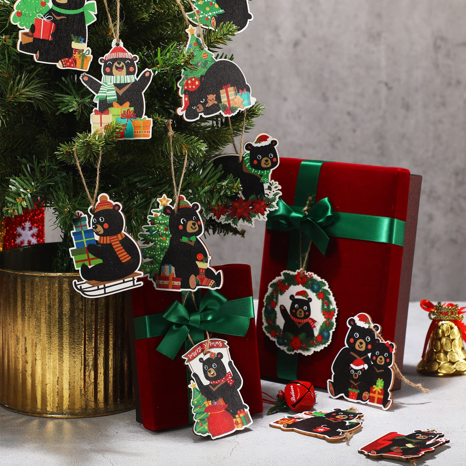 木製クマとクリスマスツリーの置物セット