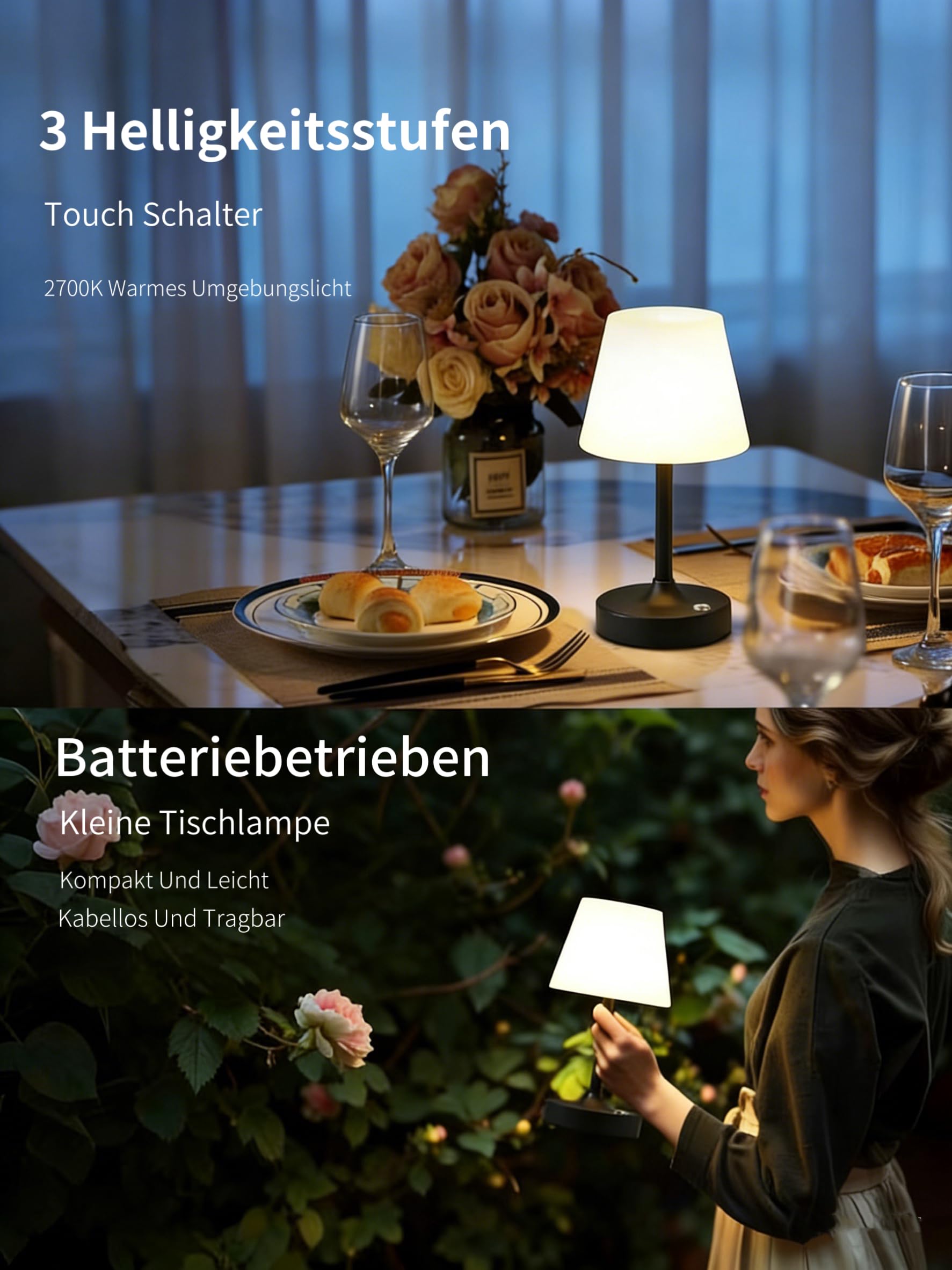 Lampada da tavolo a LED senza fili, impermeabile, con batteria da 4000 mAh, portatile, luce notturna ricaricabile con dimmer touch per terrazza, ristorante e bagno (nero)
