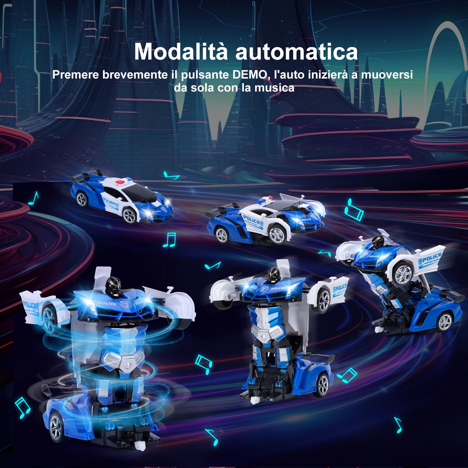 Yellcetoy Polizia Macchina Telecomandata Transform Giocattoli, Auto Robot con Gesti della Mano Sening Luce lampeggiante Musica ed Effetto Sonoro, 2,4G RC Car con Batterie Regalo per Ragazzi 3-10 Anni