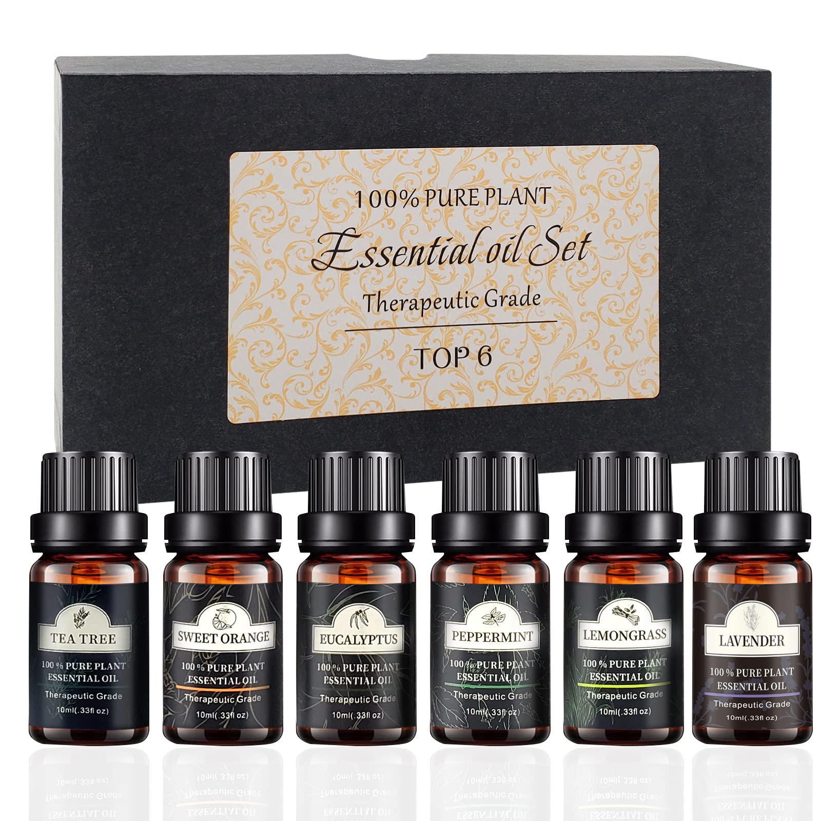 é€šç”¨ Essential Oil Set, 6 Pcs Pure Essential Oils for Diffuser, Humidifier, Massage, Aromatherapy, Skin & Hair Care, 10ML (Lavender, Peppermint, Lemongrass, Eucalyptus, Sweet Orange, Tea Tree)