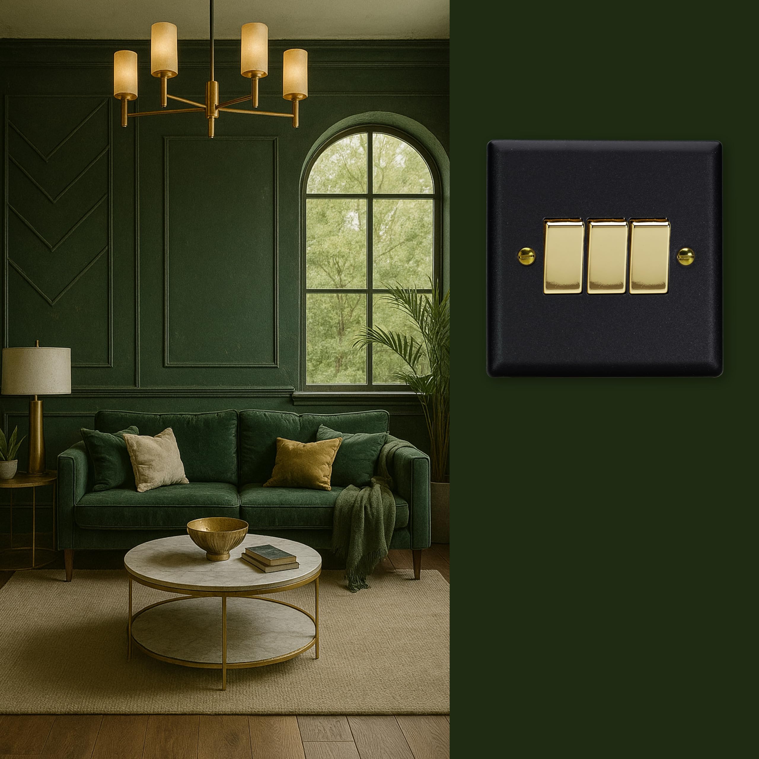 Varilight Triple Rocker Light Switch 2-Way - Vogue Matt Black With Polished Brass Rockers, XY3V.MB - Image 2