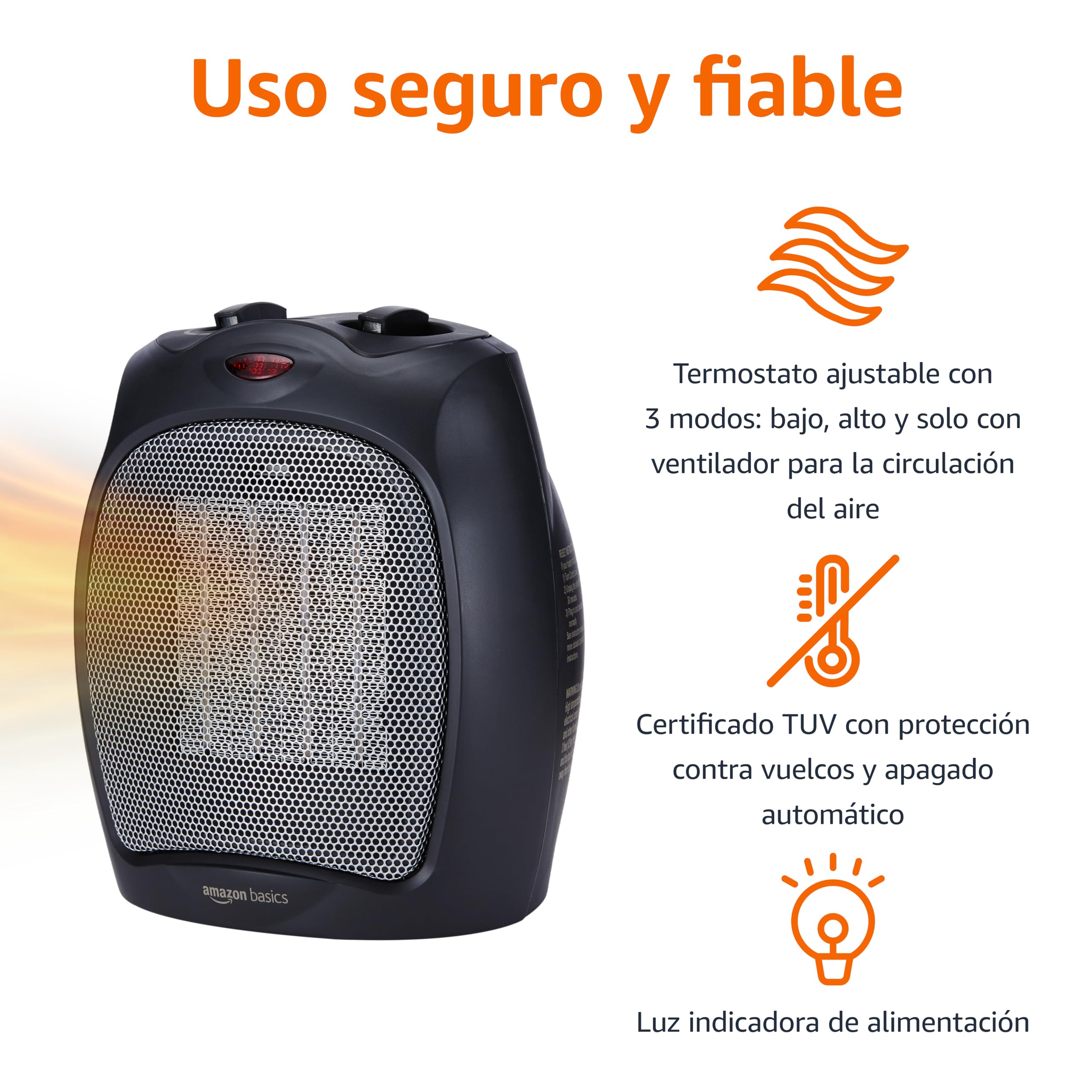 Amazon Basics Calefactor de cerámica, 1800 W, con termostato ajustable, Negro