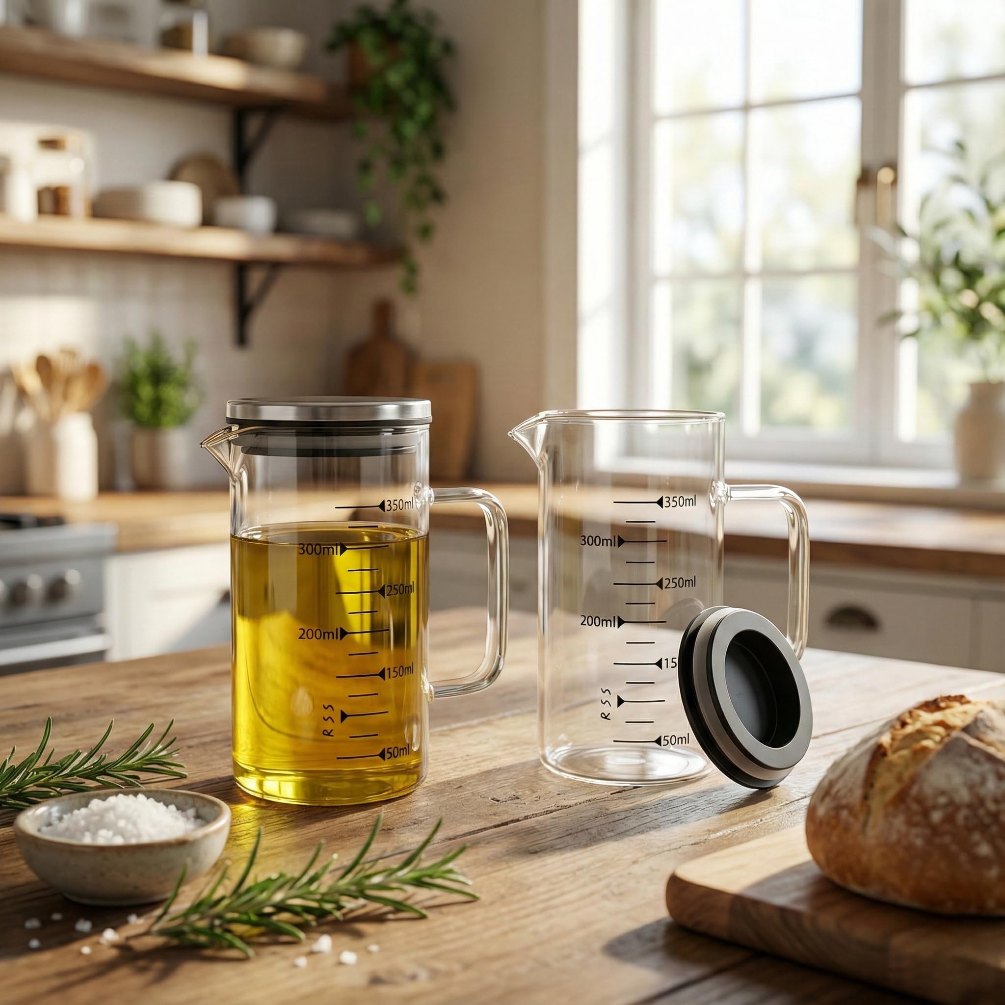 Deconox 2'li Set Paslanmaz Çelik Kapaklı Borosilikat Cam Yağdanlık ve Ölçü Kabı - 350ml - Isıya Dayanıklı Damlatmaz Sosluk, Sütlük ve Mutfak Hazırlık Sürahisi - Şeffaf Modern Tasarım
