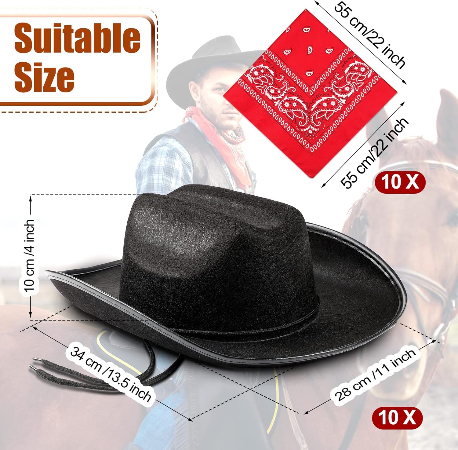 Funtery 20 Pack 10 Sets Kids Cowboy Hat, Western Hats with Red Bandanna for Birthday Party Cosplay, Halloween - Image 3
