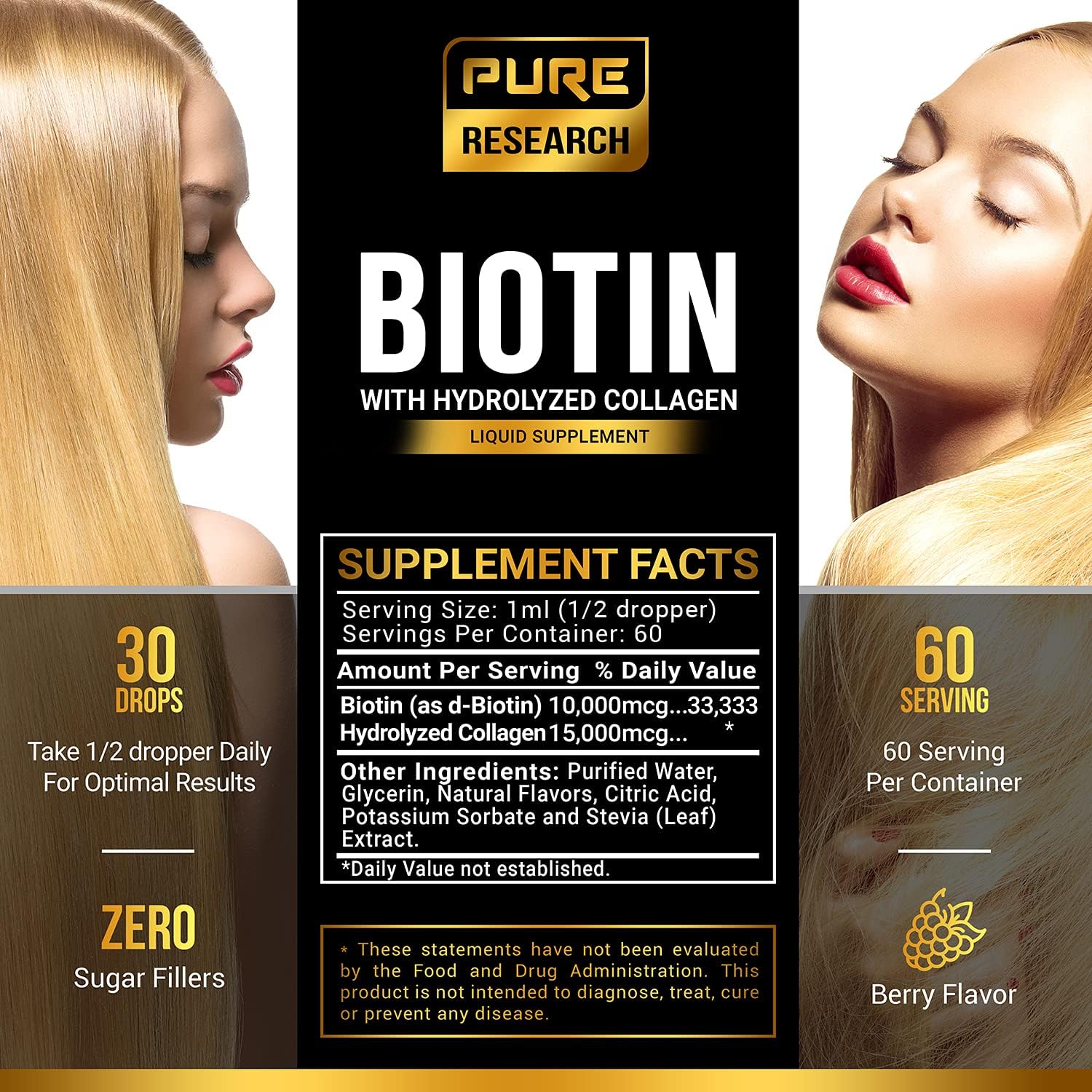 Liquid Biotin & Collagen 25,000mcg, Hair, Skin & Nails. Healthy Hair Growth Support Liquid Drops, Strong Nails, Glowing Skin, Healthy Hair Growth : Health & Household