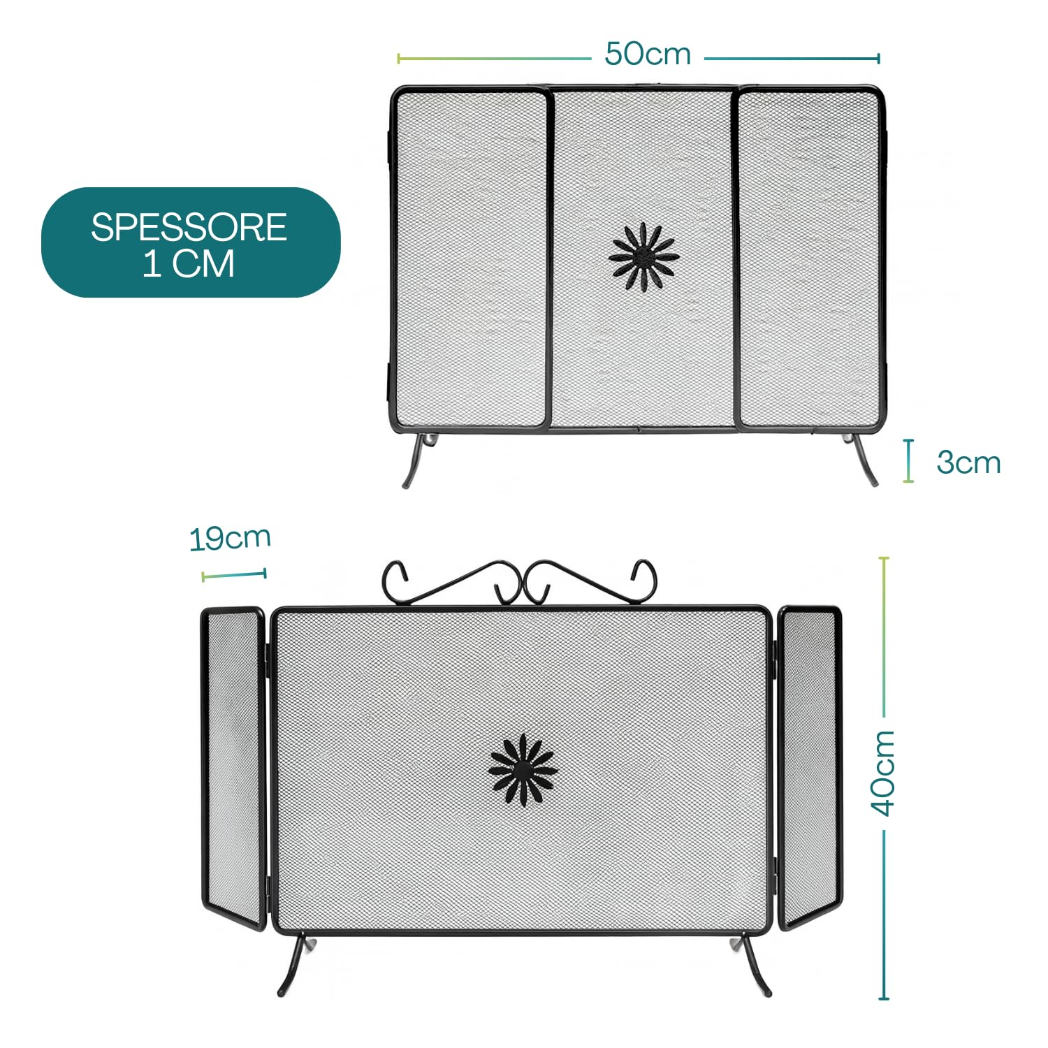 Virsus Parascintille con Ante, in ferro battuto con spessore 1,2 cm, misura 60x50 cm, di colore nero con sfumature, 3 Pannelli, schermo protezione da scintille per camini e stufe a legna