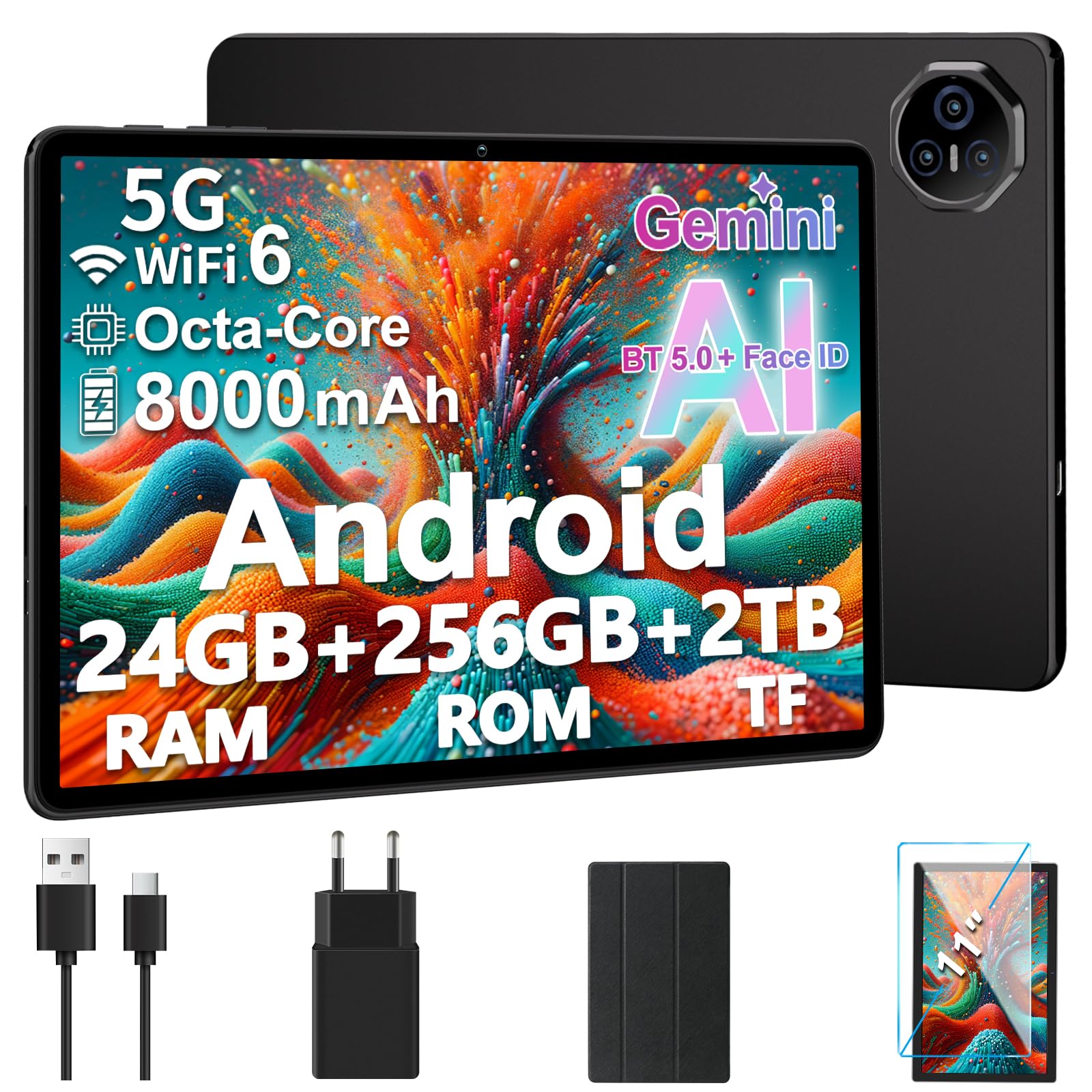 Dghrti 2025 Tablet 11 pollici da Touch Android 14, 24 GB RAM + 256 GB ROM (2TB TF), Octa-Core, UFS 2.2 Flash, FHD IPS, 8000 mAh, Suono 3D, 13MP + 5MP, Dual WiFi, BT 5.0, Widevine L1, Face ID, Grigio