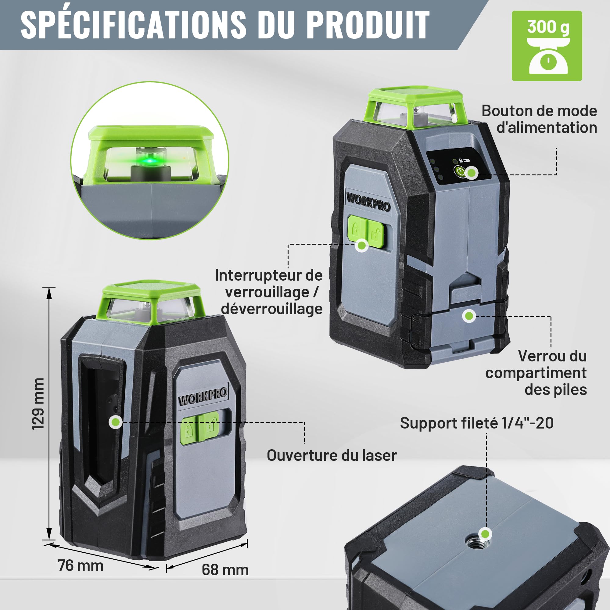 WORKPRO Niveau Laser 360° Autonivelant avec Trépied | Laser Chantier avec Horizontal et Vertical Laser, Plaque Cible, Lunettes Vertes, Idéal pour Décoration, Plafonds, Carrelage
