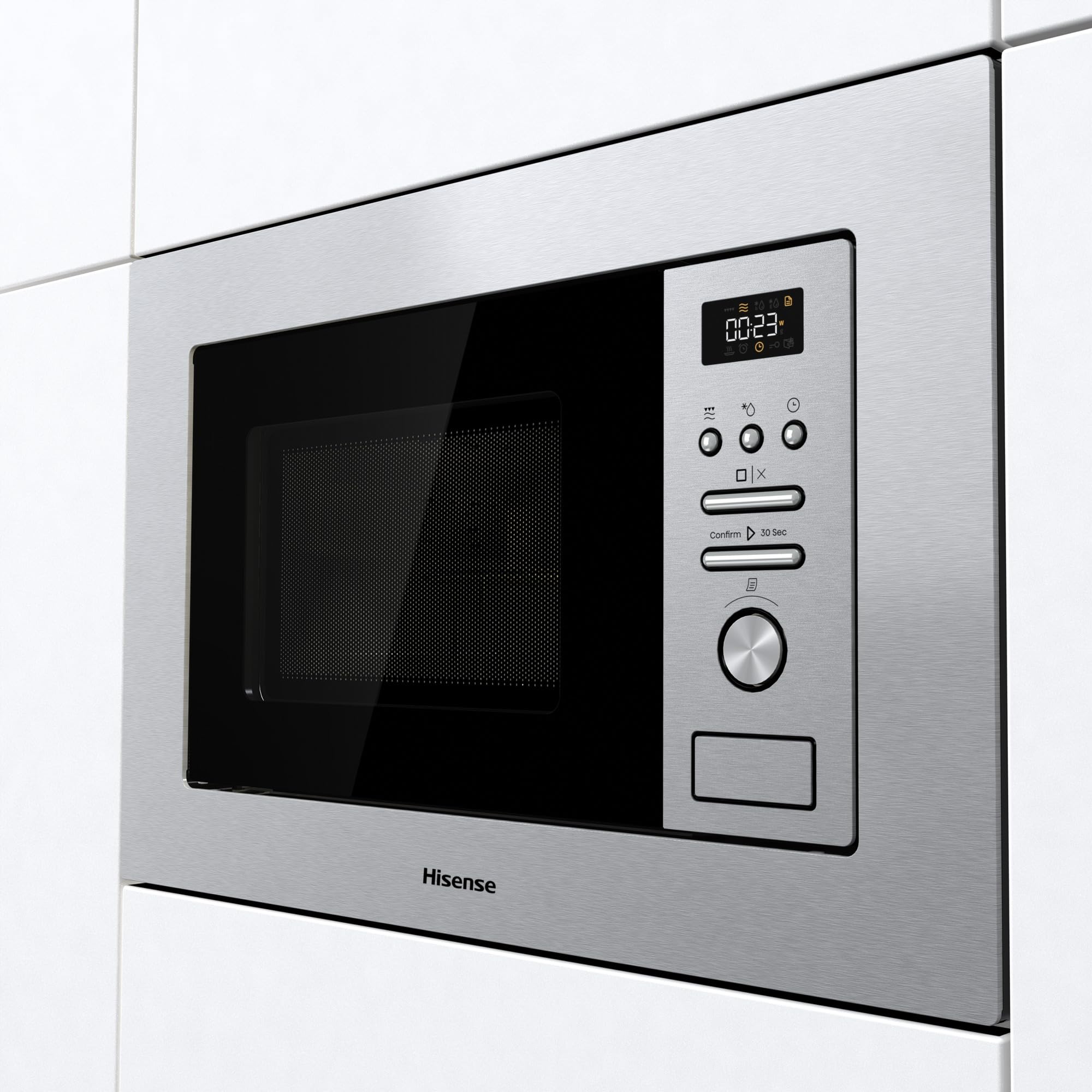 Hisense BIM320G41X - Microondas Integrable, 1000W, 20L, Alto 38.8cm x Ancho 59.5cm, Color Inox, 5 Niveles de Potencia, 15 Programas Preestablecidos, Grill Combo, Descongelar por Tiempo o Peso