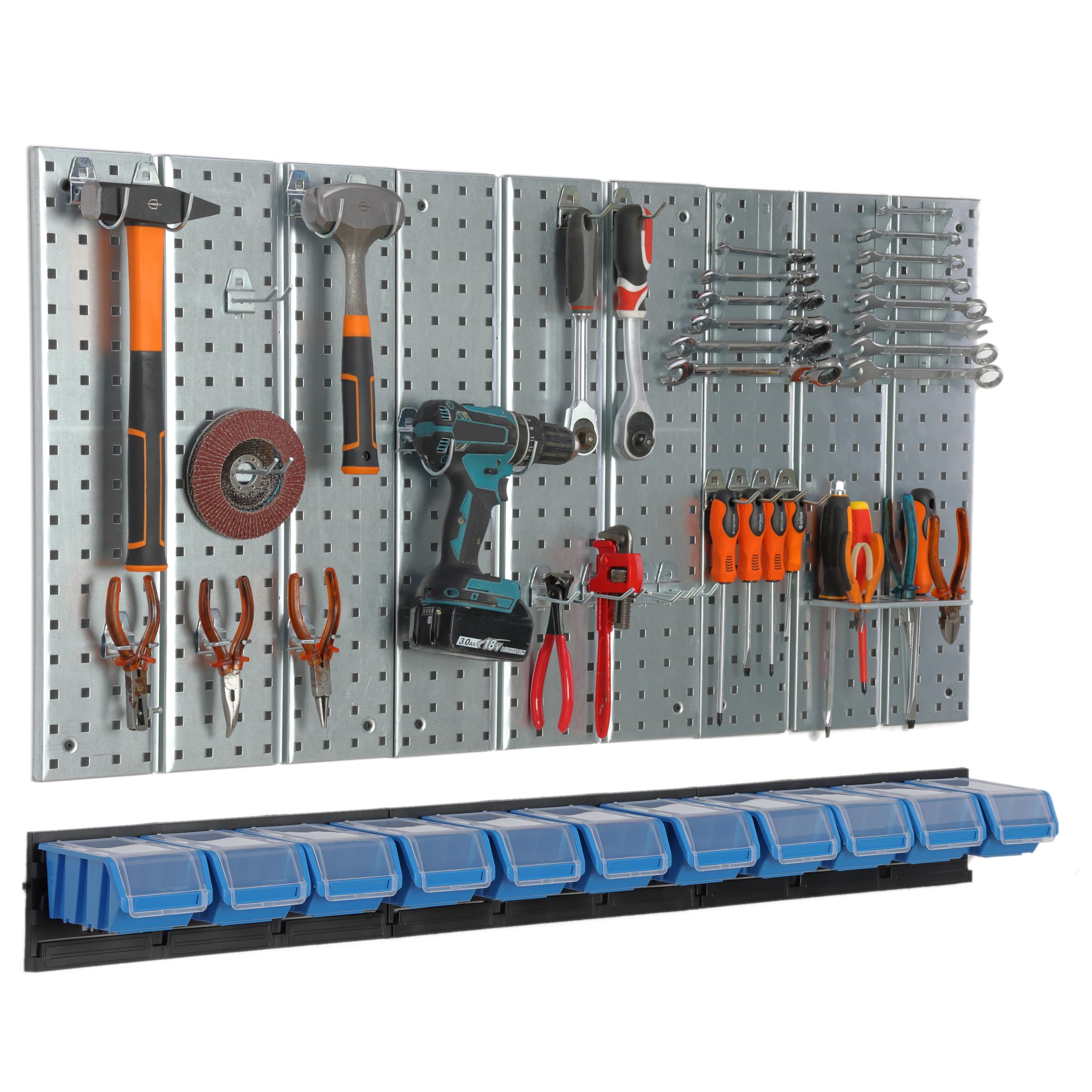 Panel de herramientas de metal 117 x 72 cm, sistema de almacenamiento con portaherramientas, ganchos para herramientas y 11 cajas apilables, 100 x 150 x 70 mm, color: azul, tablero perforado para