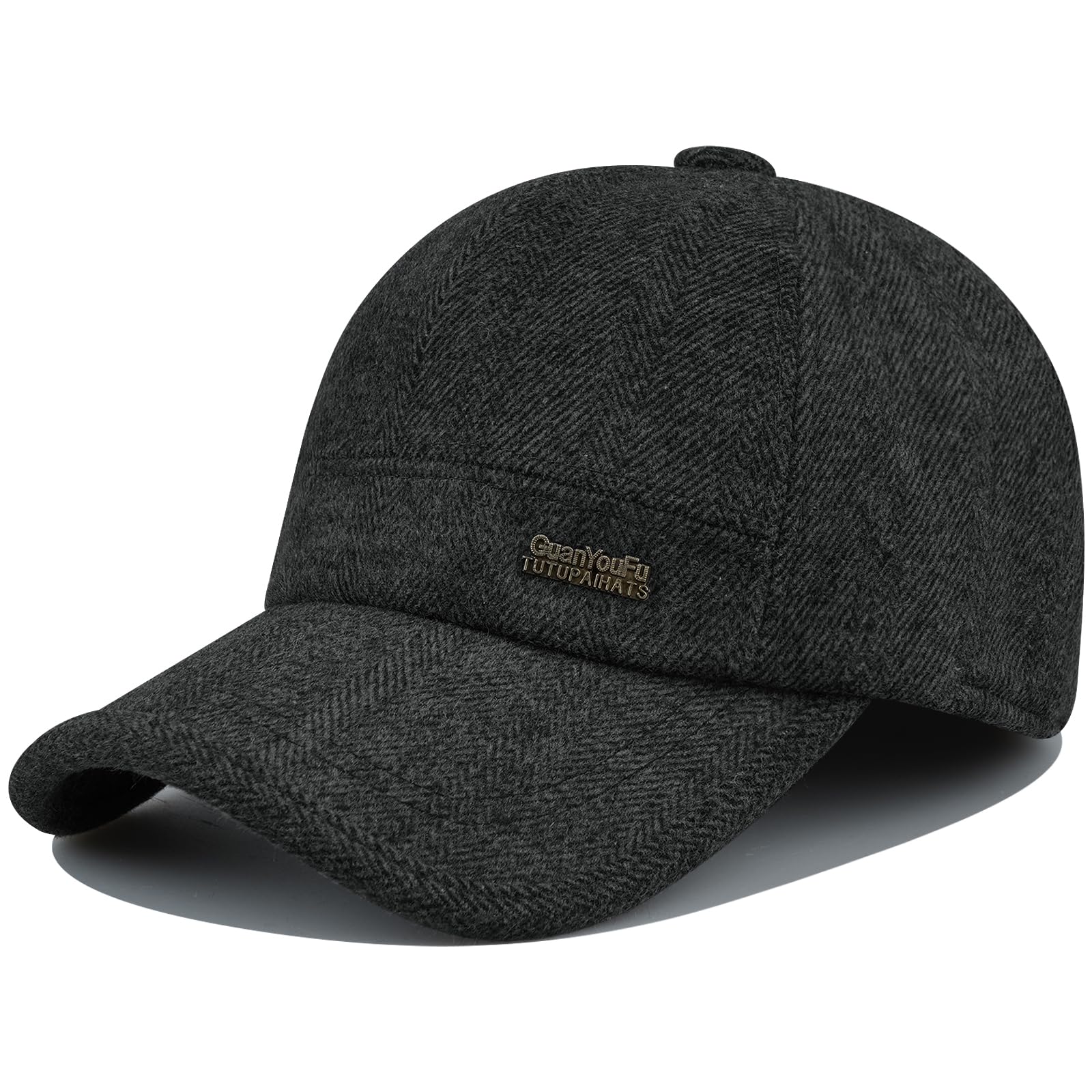 kapelusz, Czapka zimowa z daszkiem nausznikami tweedu, męska, wełniana, termiczna, gruba, ciepła, czapka dla taty(KGSDT4Black)