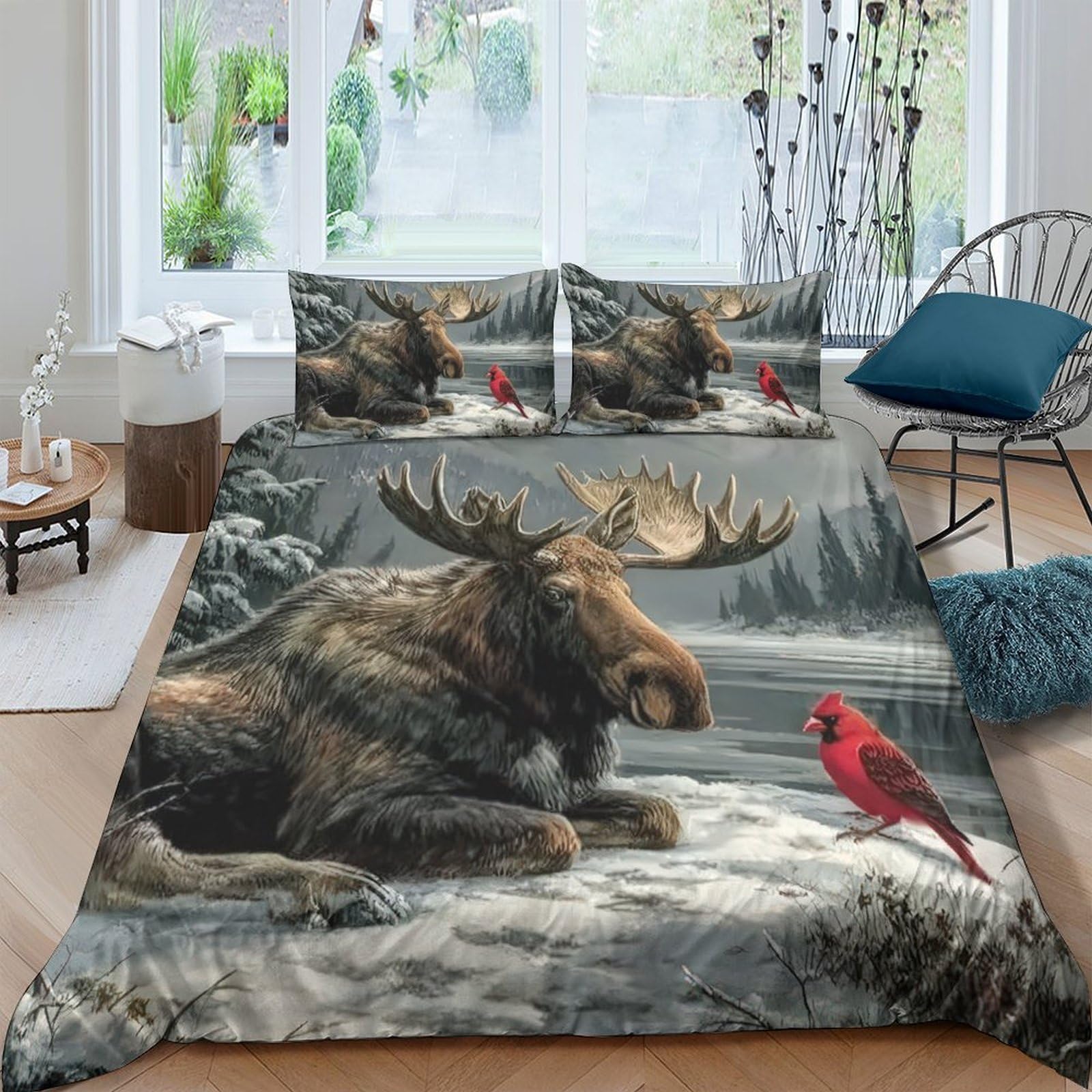 Ctjqhvkz Style-3 3D Printed Moose Forest Fitted Sheet Microfiber Non-Slip Winter Cardinal Bed Cover For Bedroom Guest Room Decor Single（135X200cm）