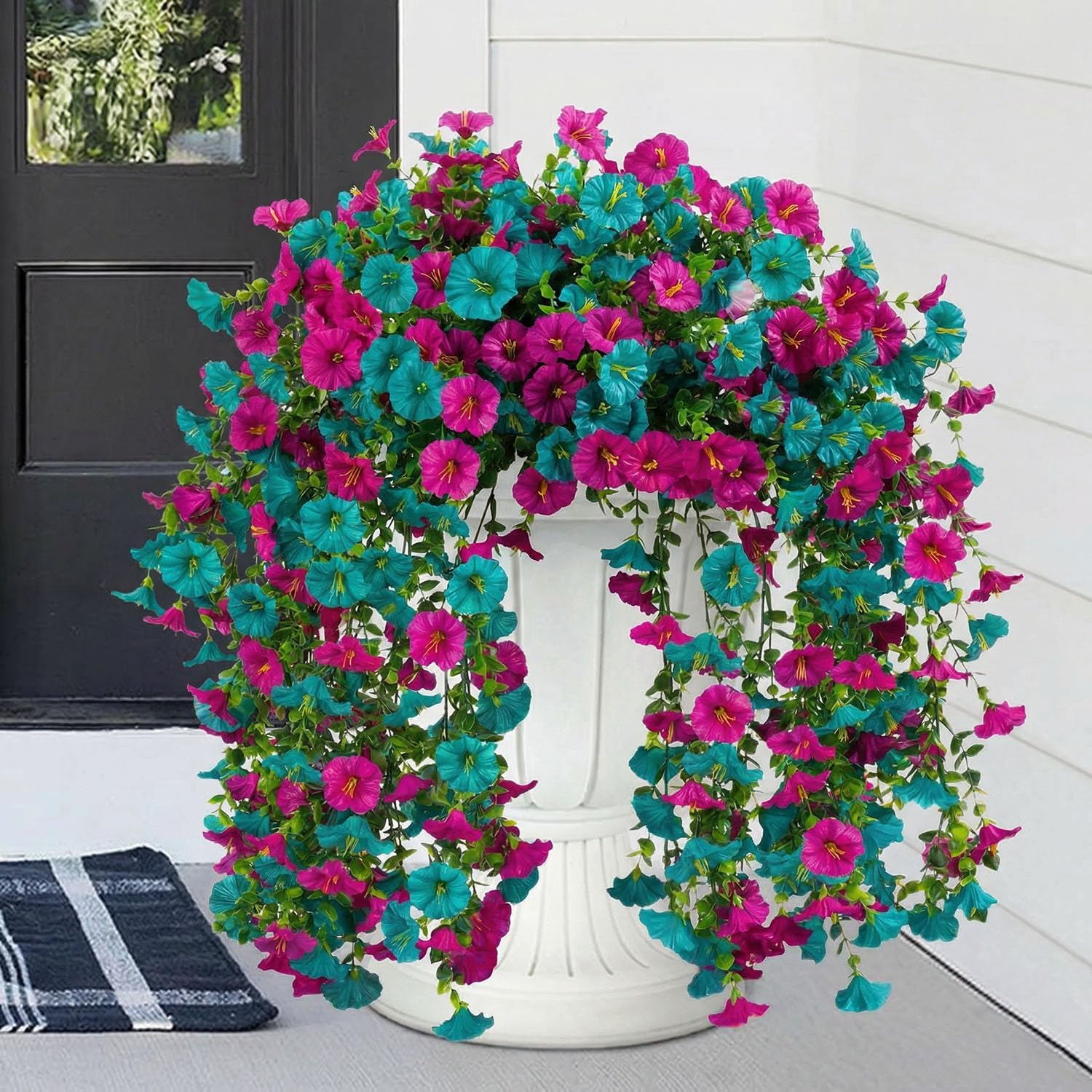 Artificial Faux Flowers for Spring Summer Decor, 4 Bundles UV Resistant Silk Petunias Hanging Flowers for Outdoor Home Decor, Hanging Planter, Window Box, Porch, Patio, Yard(Purple Teal)