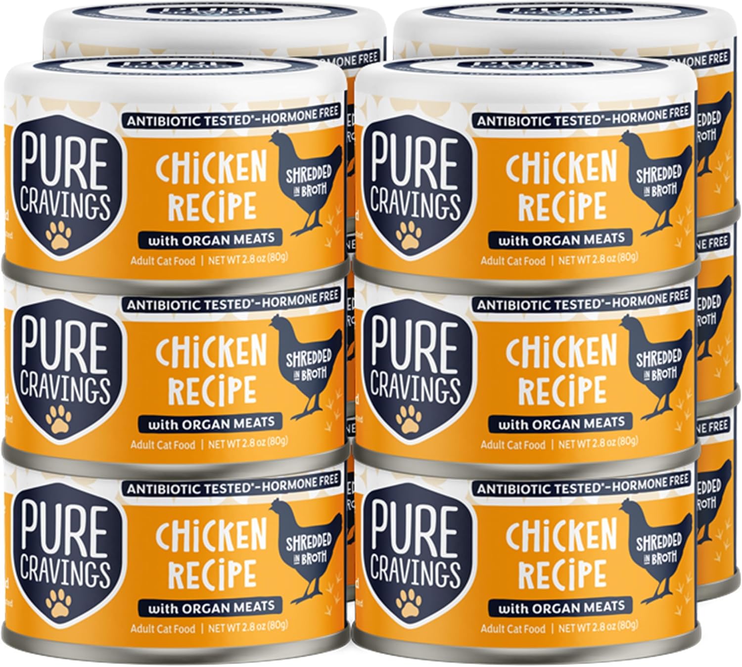 Pure Cravings Chicken Recipe in Broth, Shredded Wet Cat Food, Grain-Free Protein, Non-GMO, 12 Pack