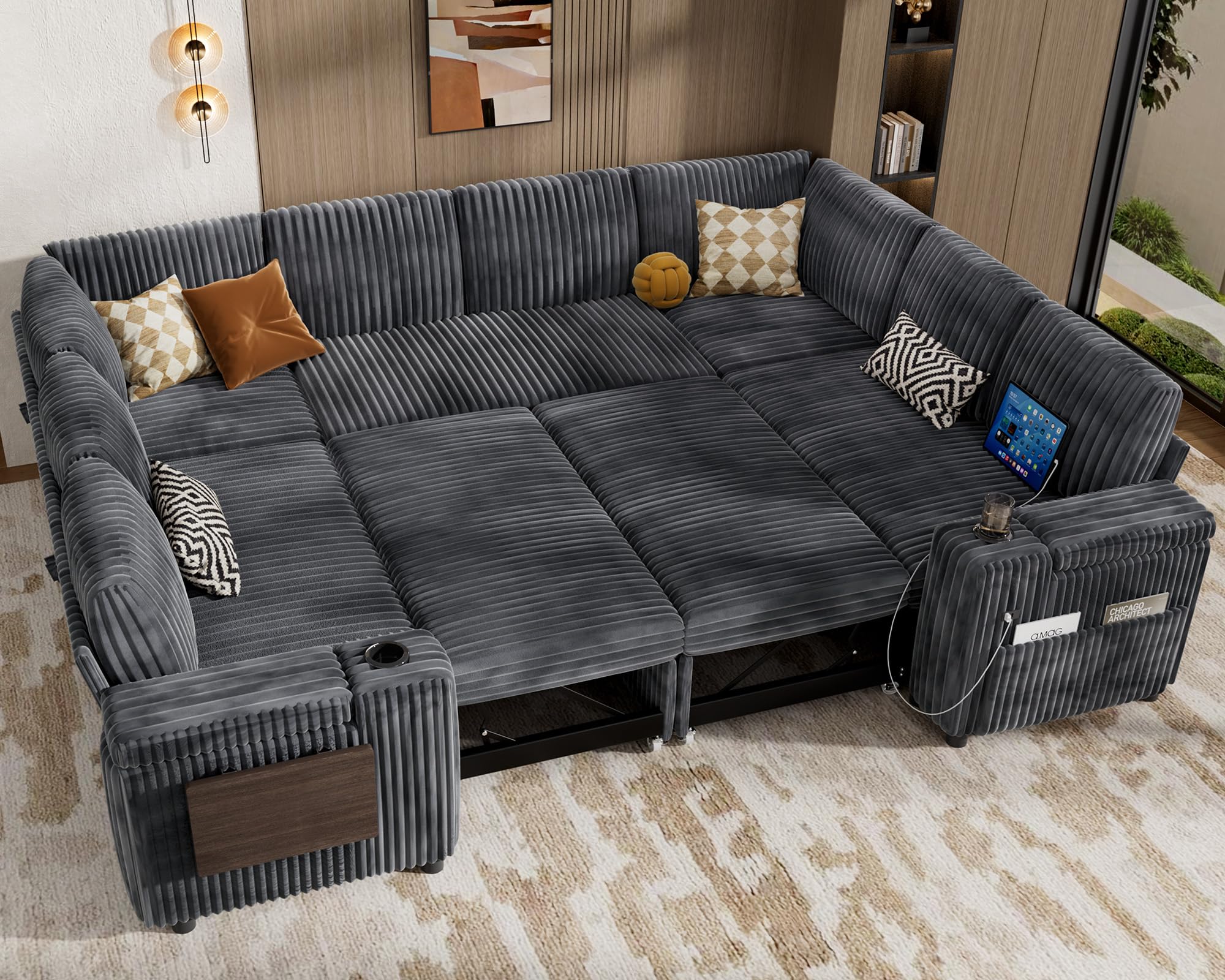 vipbear 111" modular sectional sleeper sofa with pull out bed, 8 seat plush corduroy u shaped couch with storage chaise|usb ports|cup holders|side table| storage armrests, tool free assembly, grey (incomplete)