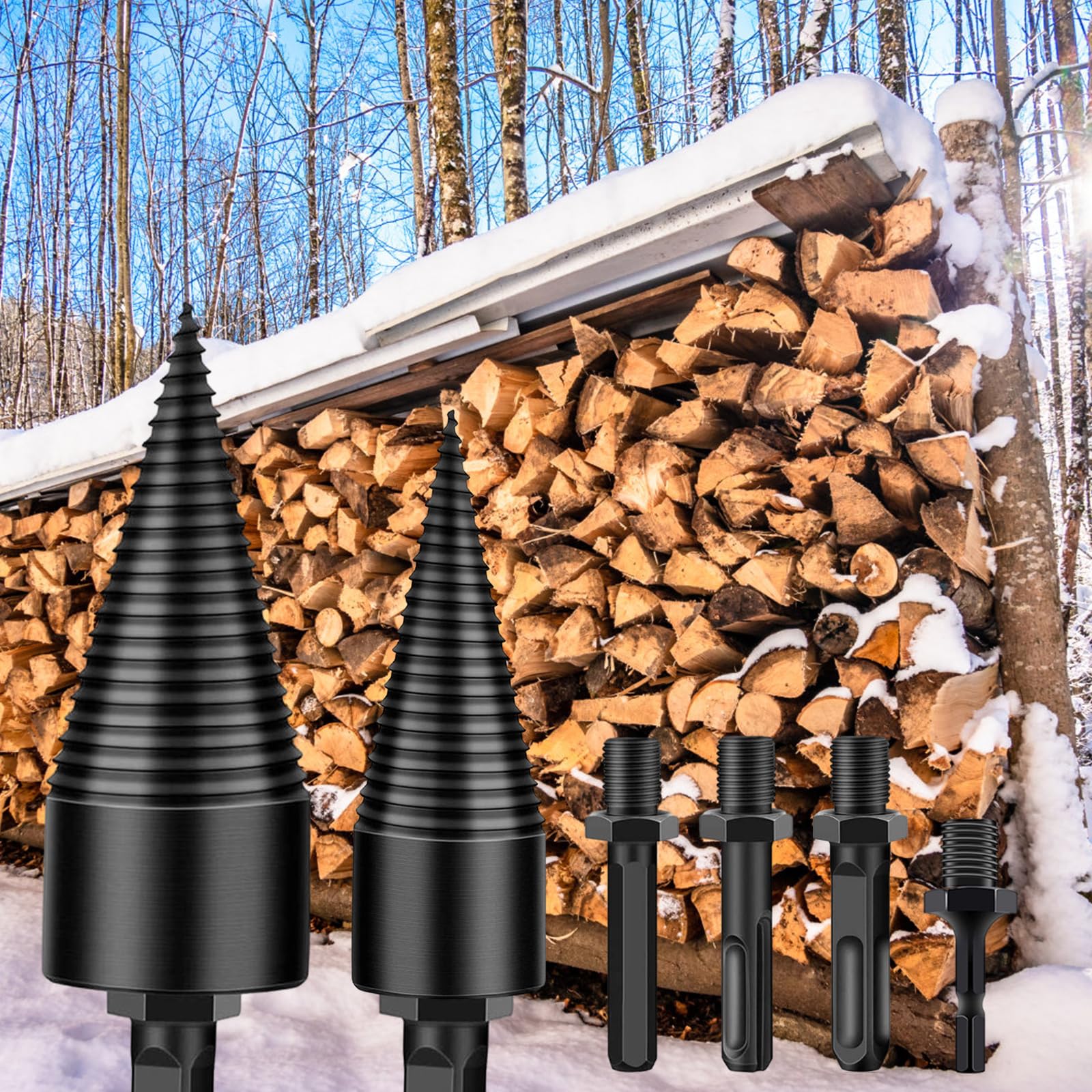 VCXMN Spaccalegna Trapano 45mm + 32mm, Cono Spaccalegna per Trapano, Punta da Trapano a Cono per Vite Spaccalegna, Spaccalegna Cono di Legno con 4 Manici per Trapano per Legno Di Diametro Inferiore