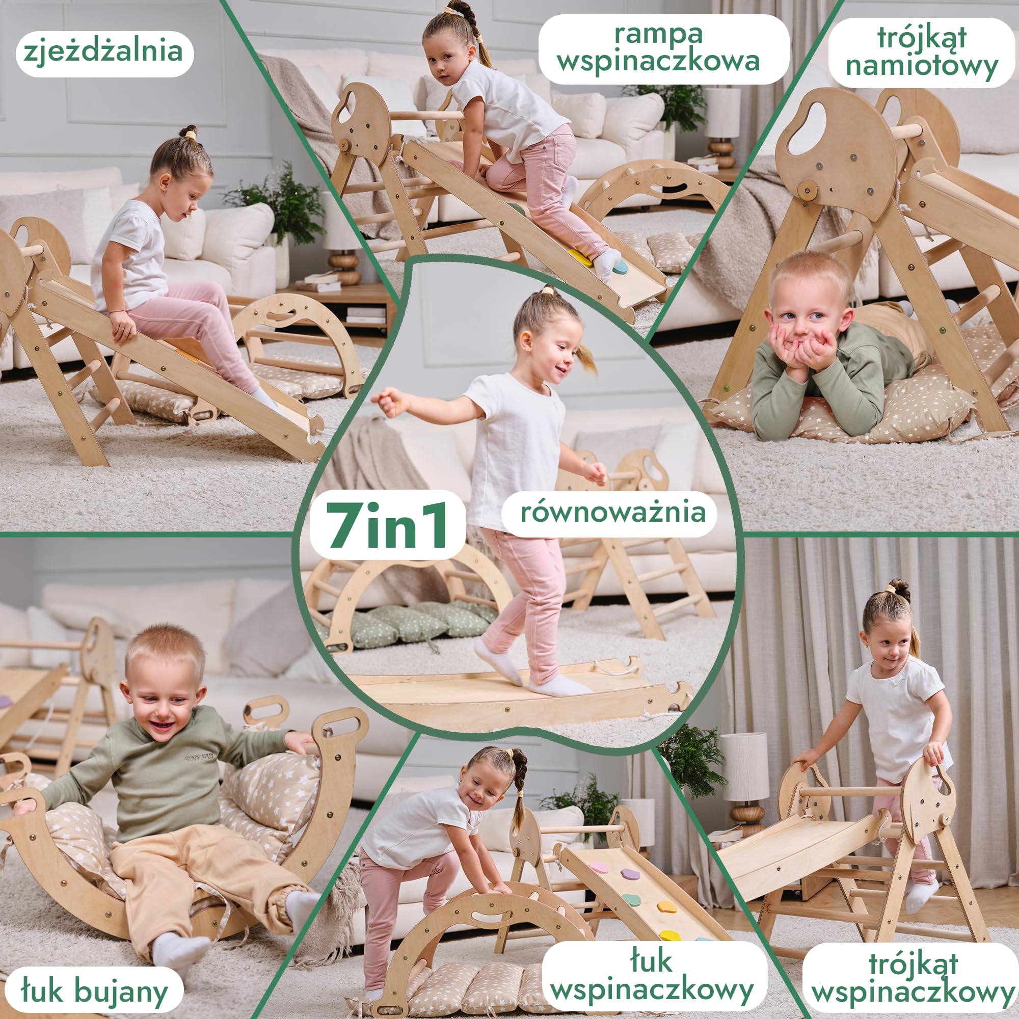 Goodevas Montessori zestaw rusztowań wspinaczkowych 5 w 1: do wnętrz, trójkąt wspinaczkowy, łuk wspinaczkowy z poduszką i zjeżdżalnią dla dzieci, plac zabaw dla dzieci w wieku 1-3 lat