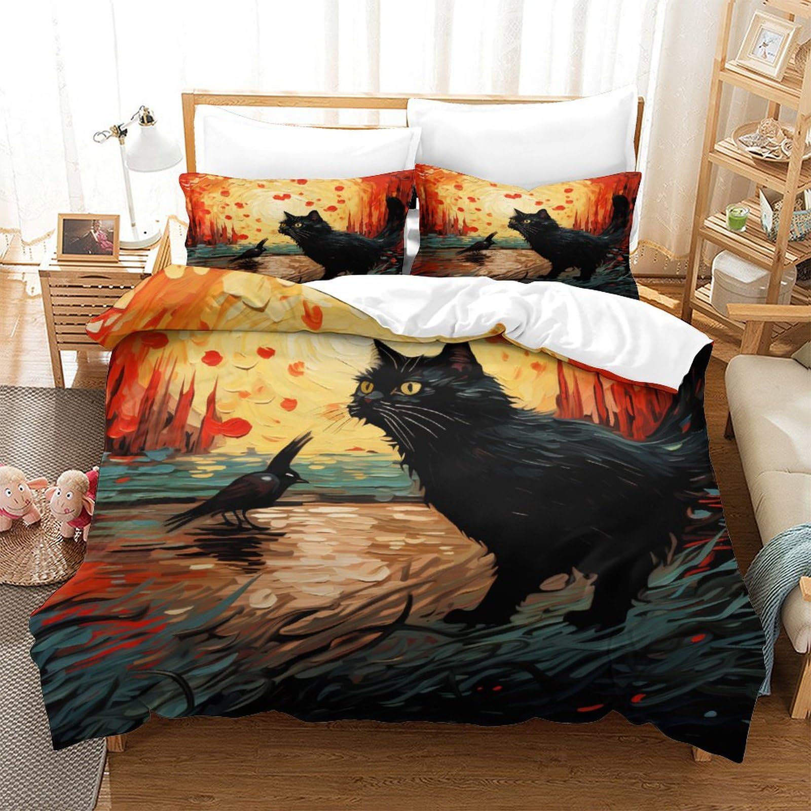 P1S9U7W5Y Autumn Cat 3D Printed Microfiber Duvet Cover Set 3pcs Black Cat Bedding Set King