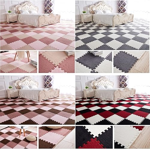 Miniatura 8 de Tapete de espuma de rompecabezas de felpa de 16 piezas, azulejos cuadrados entrelazados esponjosos, tapetes suaves para escalar, alfombra de área