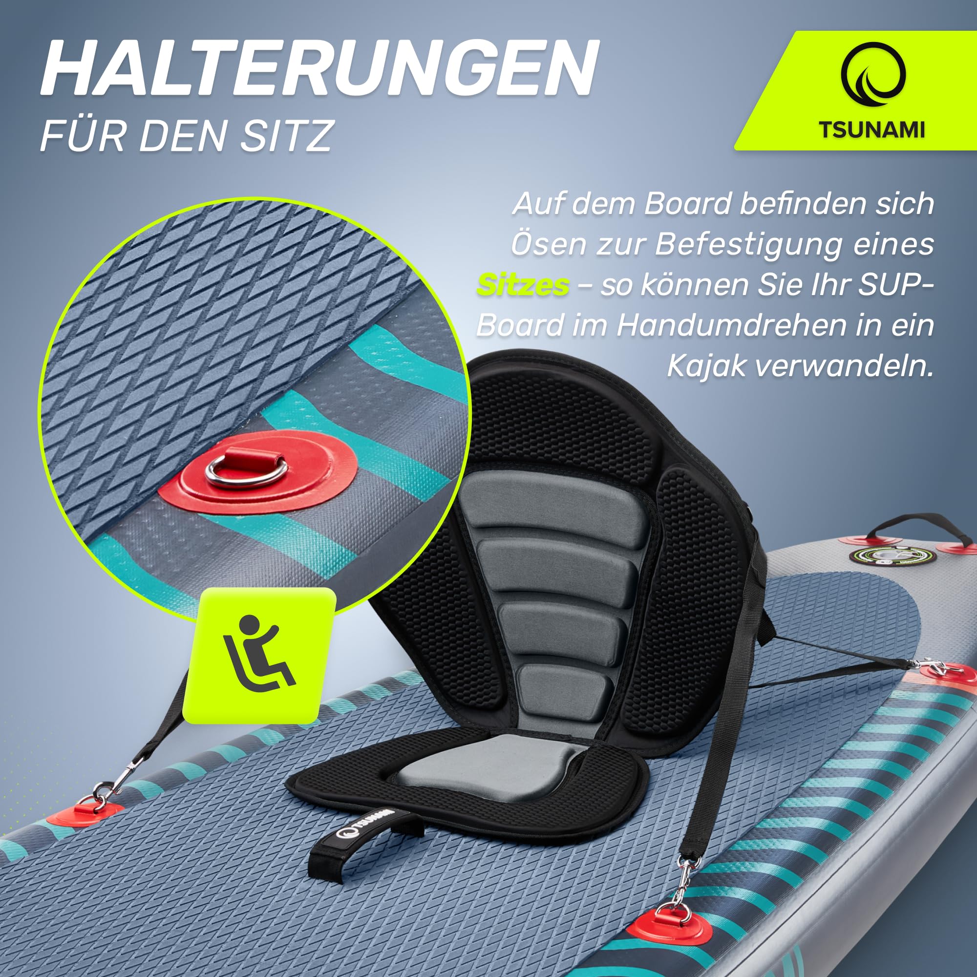 TSUNAMI Stand Up Paddling Board Model T, SUP-Board mit Komplettes Zubehör, Board-Tasche, Pumpe und Sicherheitsleine, Tragkraft bis 150kg, Länge 350 cm, für Erwachsene und Jugendliche Aller Niveaus