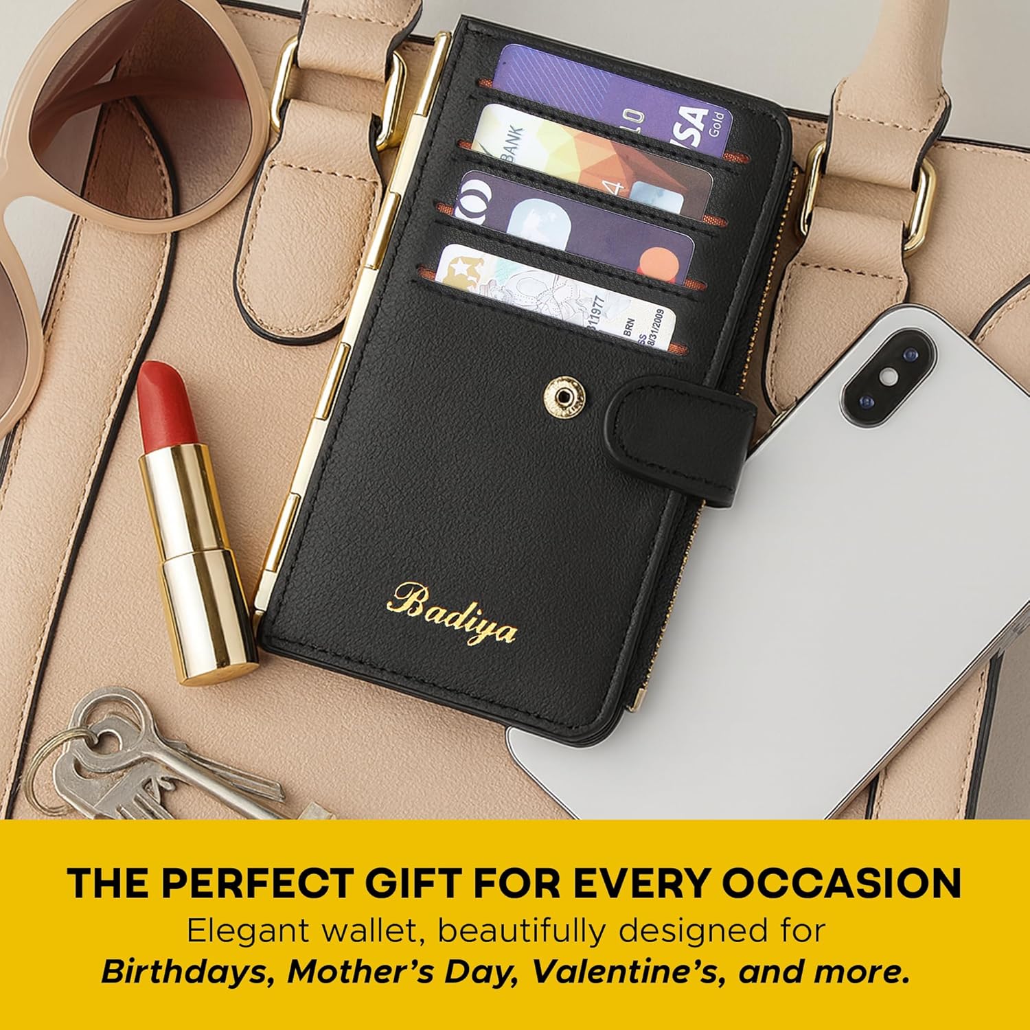 Badiya Credit Card Holder for Women, RFID Wallet Women, Slim Bifold Card Organizer with Multi-Card Case & Zipper Coin Pocket & 3 ID Windows, Travel Credit Card Holder with Metal Hinge - Image 6