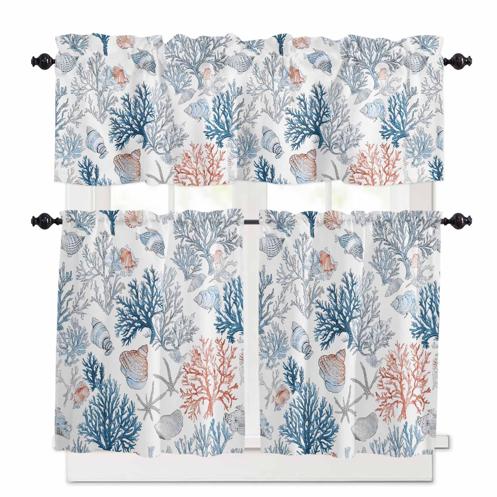 Red Blue Coral Kitchen Curtains 24 Inch Length, 3 Piece Rod Pocket Small Half Tiers and Valance Set, Summer Ocean Coastal Starfish Shells Small Large Window Treatment Decor for Bedroom/Bathroom Sink