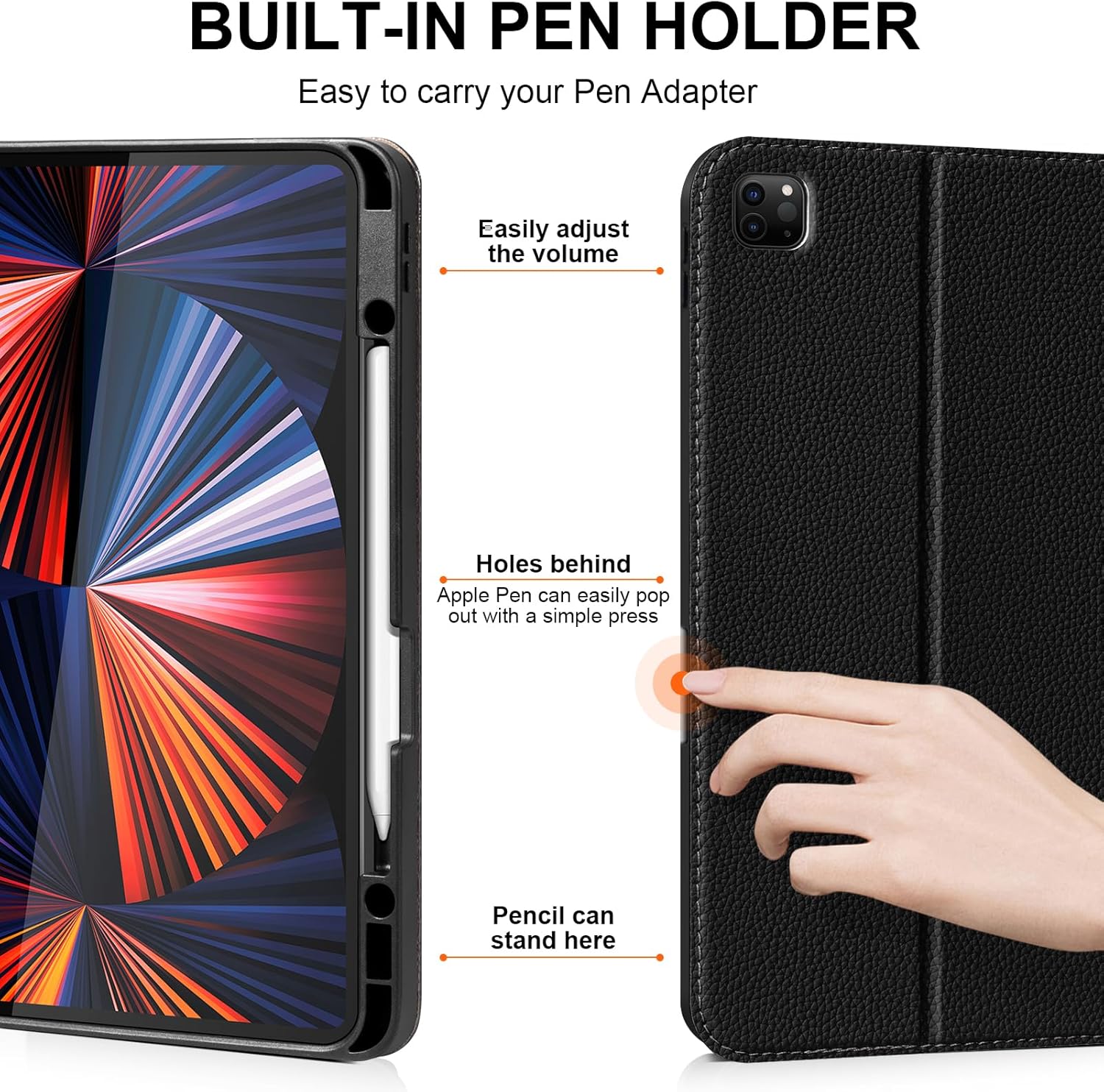 for iPad Pro 12.9" 6/5/4/3rd Generation Case 2022/2021/2020/2018, Smart Leather Folio Stand Cover with Buckle with Built-in Apple Pencil Holder & Auto Wake/Sleep & Multi Viewing Angles, Black