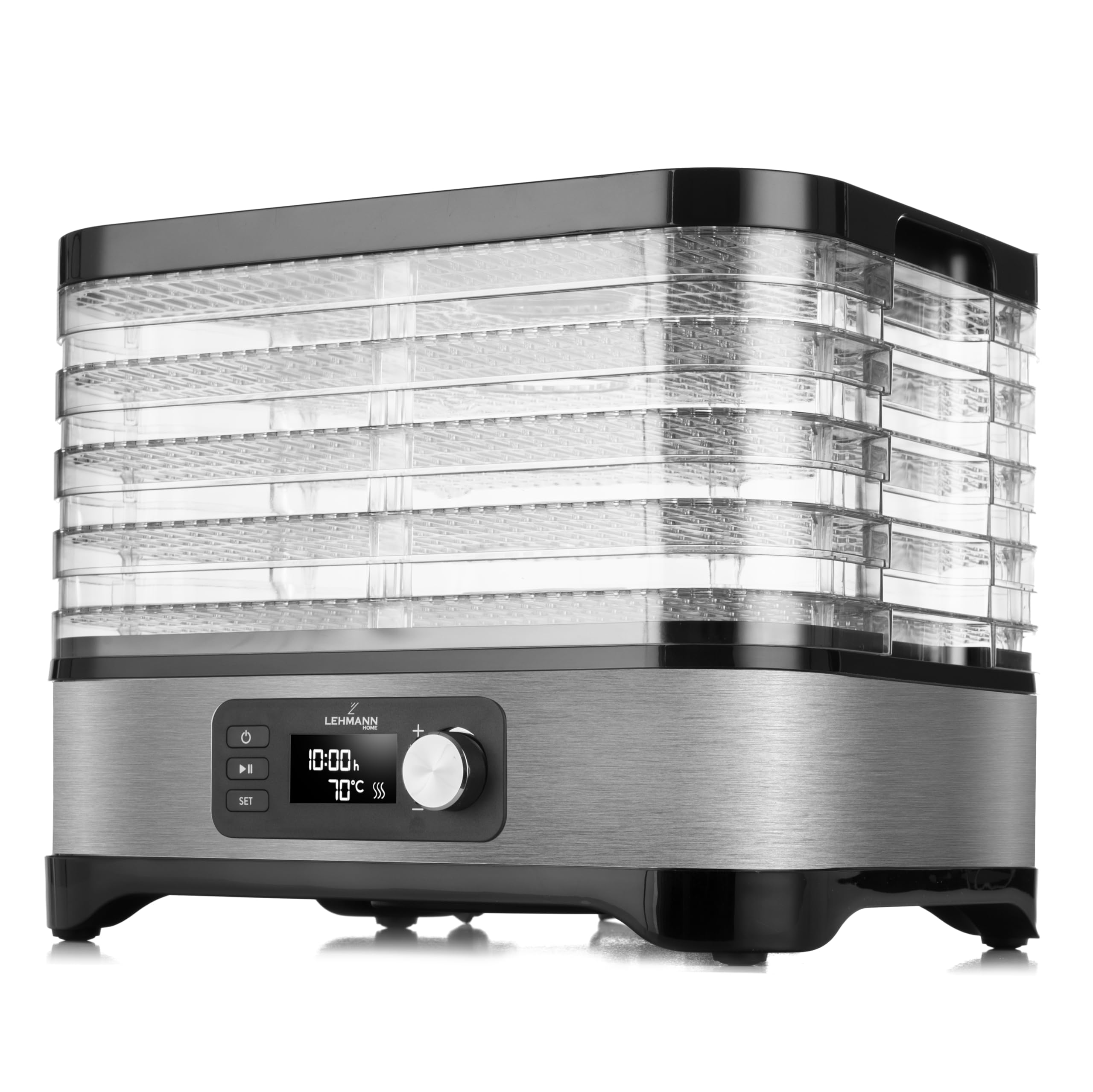 LEHMANN Déshydrateur Alimentaire en Acier Inoxydable, 450 W, 5 Plateaux Réglables en Hauteur, Température Réglable 35-70°C, Minuterie 24 h, sans BPA, pour Champignons, Fruits, Légumes