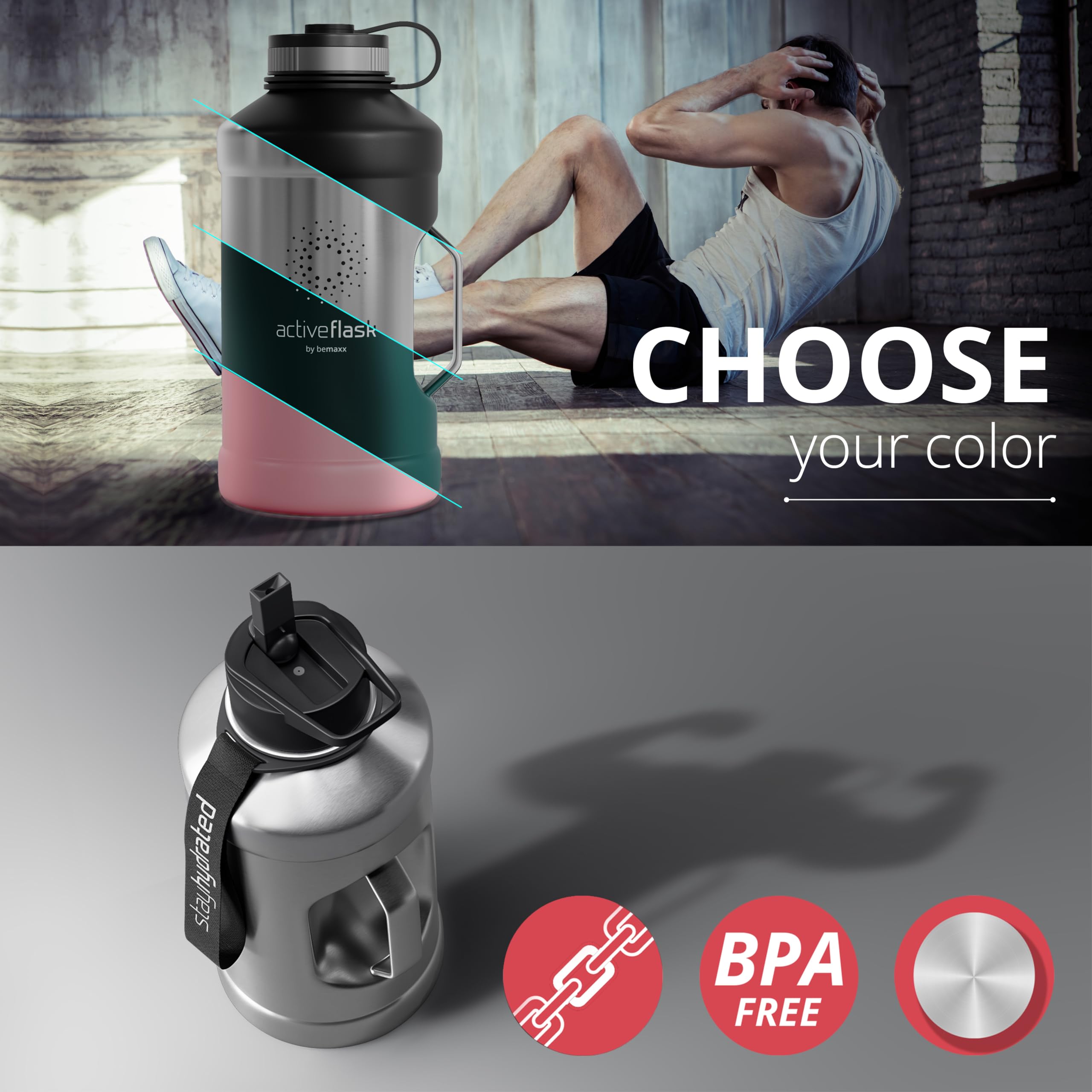 Borraccia in acciaio inox Active Flask + cannuccia (3 tappi) | 1,3/2,2 litri bottiglia sportiva senza BPA a prova di perdite per bibite gassate, 2l XL bottiglie Sport Outdoor Palestra Acqua