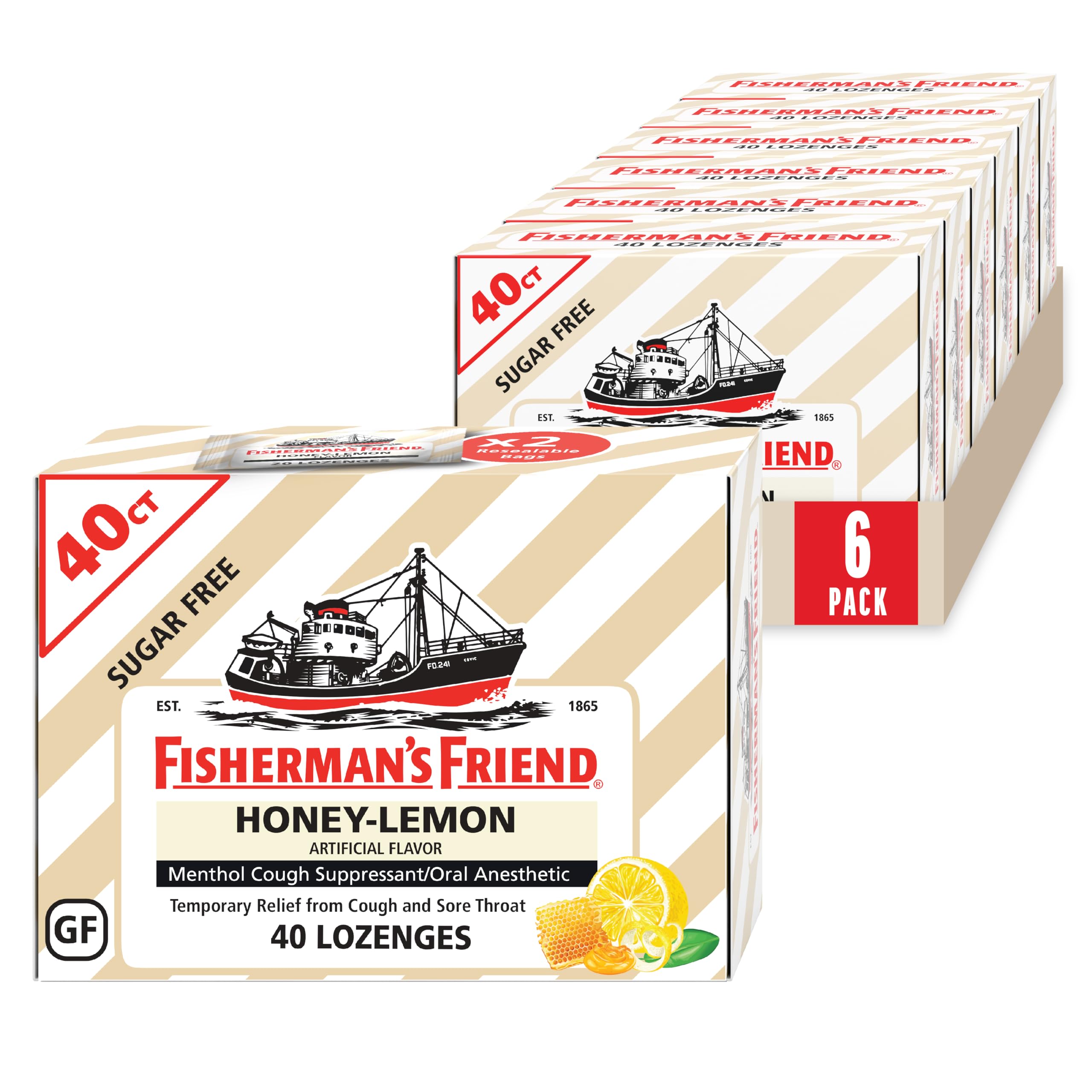 Fisherman's Friend Cough Drops, Cough Suppressant and Sore Throat Lozenges, Sugar Free Honey-Lemon, 5.52mg Menthol, 240 Drops (6 Packs of 40)