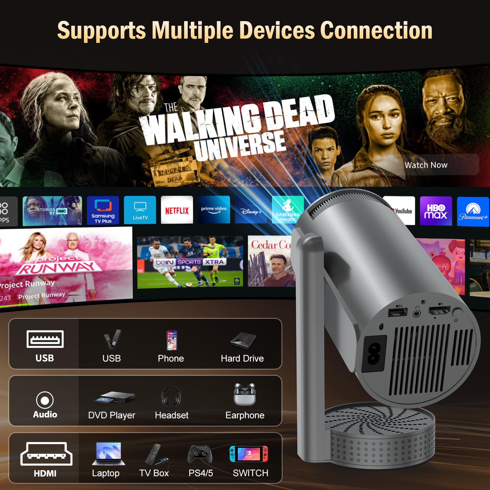 Vidéoprojecteur 4K, Mini Projecteur avec WiFi 6 BT5.4, 270° Rotation, Correction Trapézoïdale, Base de Son, Compatibile avec HDMI/USB/PS5, Retroprojecteur Portable pour Chambre, Maison et Extérieur