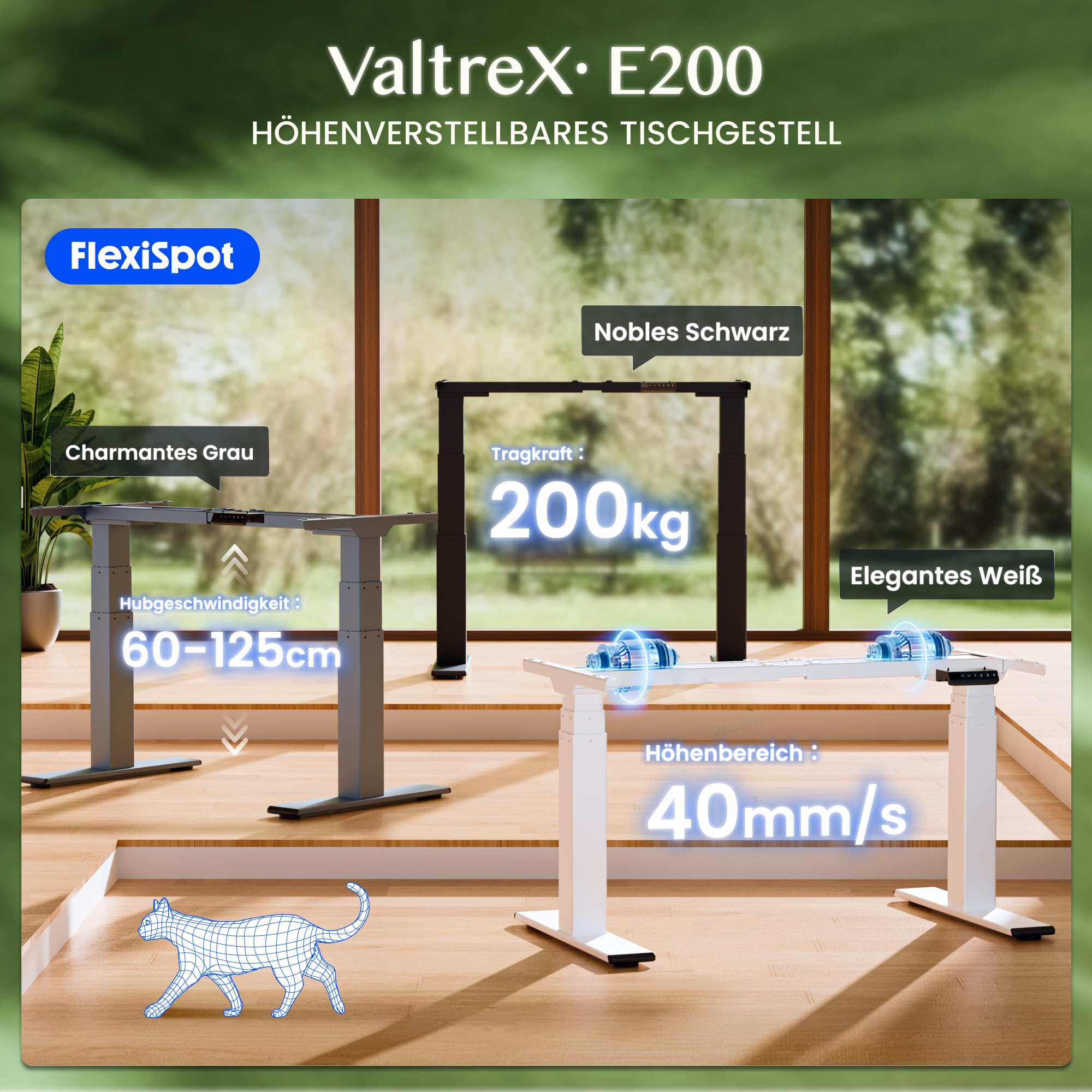 FLEXISPOT Höhenverstellbarer Schreibtisch Gestell, elektrisch mit 2 Motoren, 3-stufiges Tischgestell höhenverstellbar mit 4 Memory-Steuerung & USB, Belastbar bis 200 KG (ValtreX E200, Schwarz)