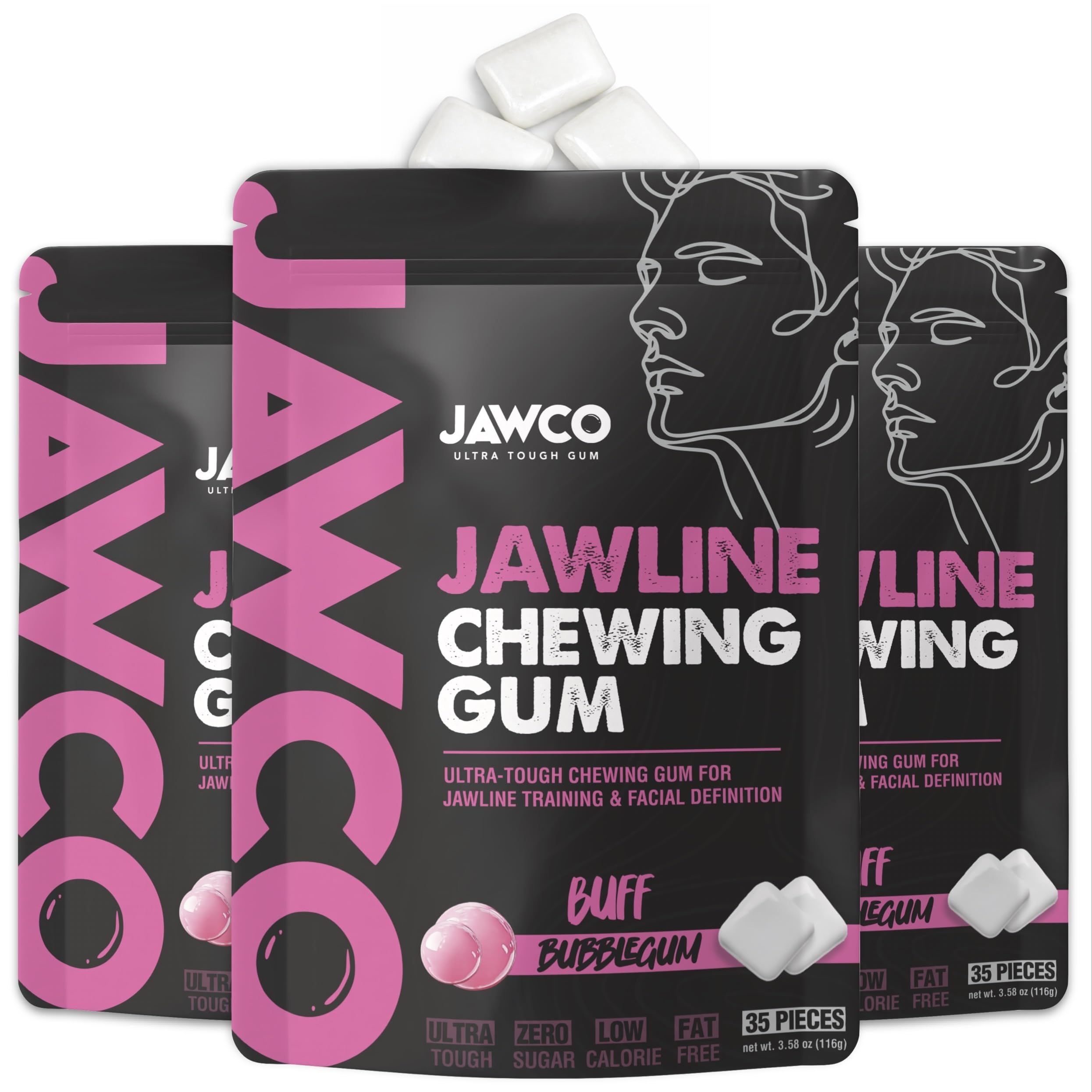 JAWCO Ultra-Tough Jawline Chewing Gum | Get a Stronger, Squarer Jawline | Bubblegum Jaw Training Hard Gum | 15X Strength | Chisel, Sculpt, Tone your