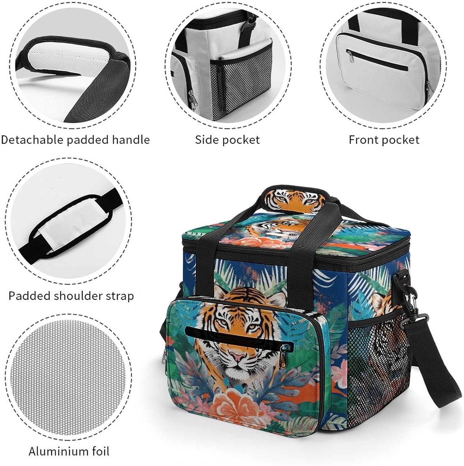 Camping Ice Pack, Tropical Tiger Print Print Cooler Bag, 22.5L Large Capacity Insulated Lunch Tote Bag for Outdoor, Picnic, BBQ, Travel, Work