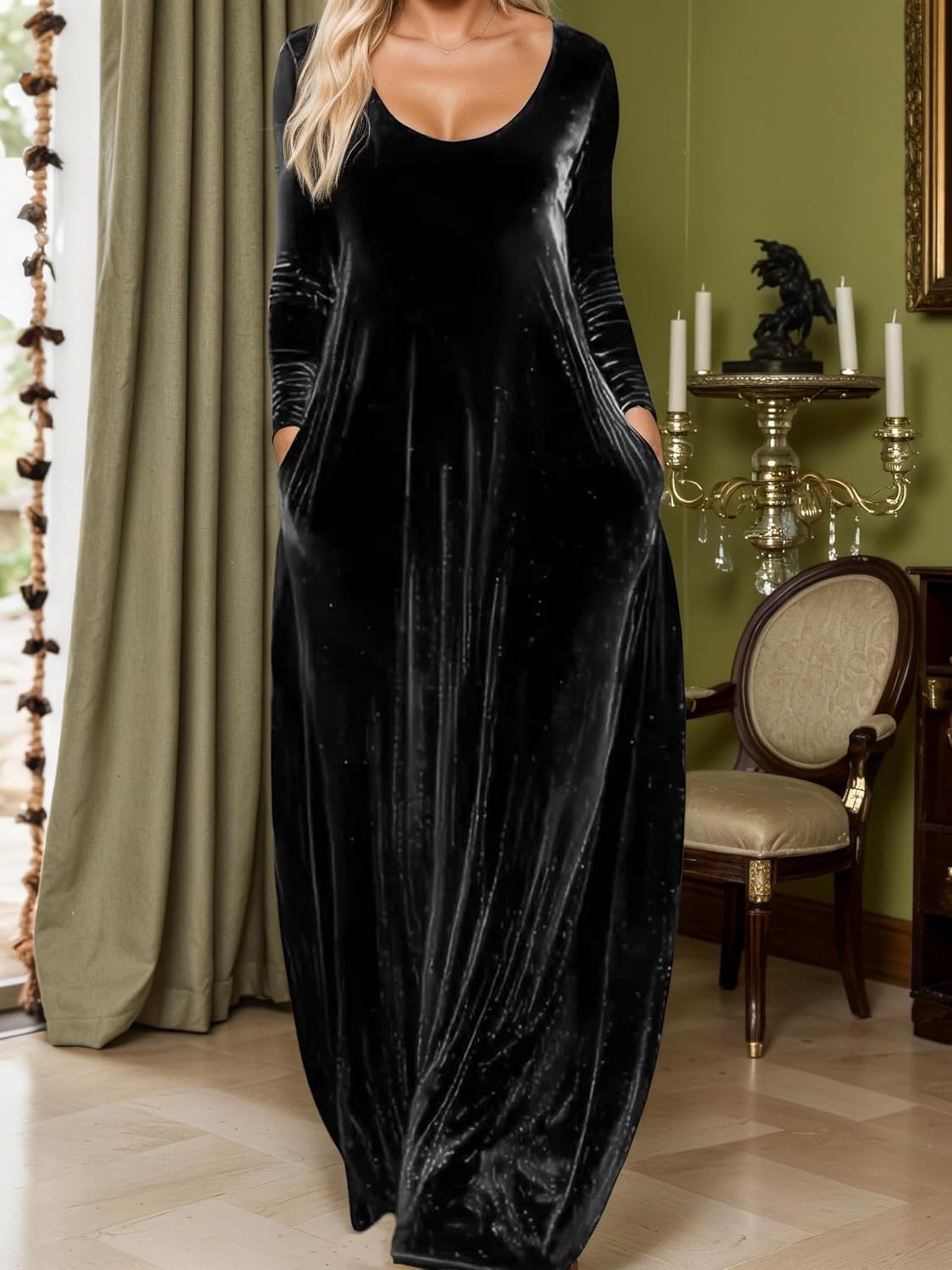 Akivide Womens Elegant Modest Long Sleeve Velvet Maxi Dress with Pocket for Holiday Party Evening - Image 2