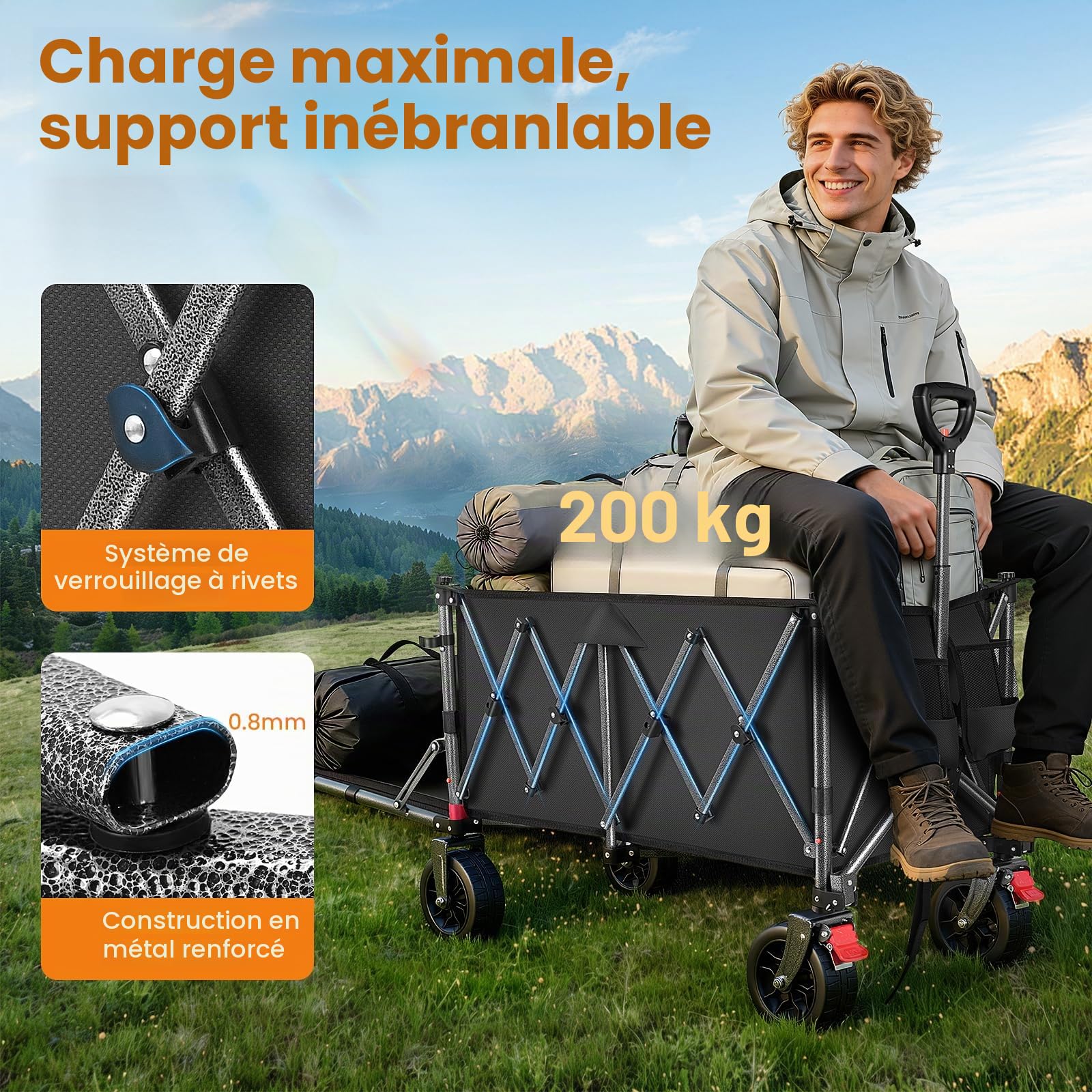 YEAUPE PRO Chariot de Plage Pliable – Roues Avant orientables avec Frein, Arrière ouvrant pour Objets Longs, Capacité Extensible de 150 à 240 L – pour Plage, Pêche, Camping, Jardin, Noir