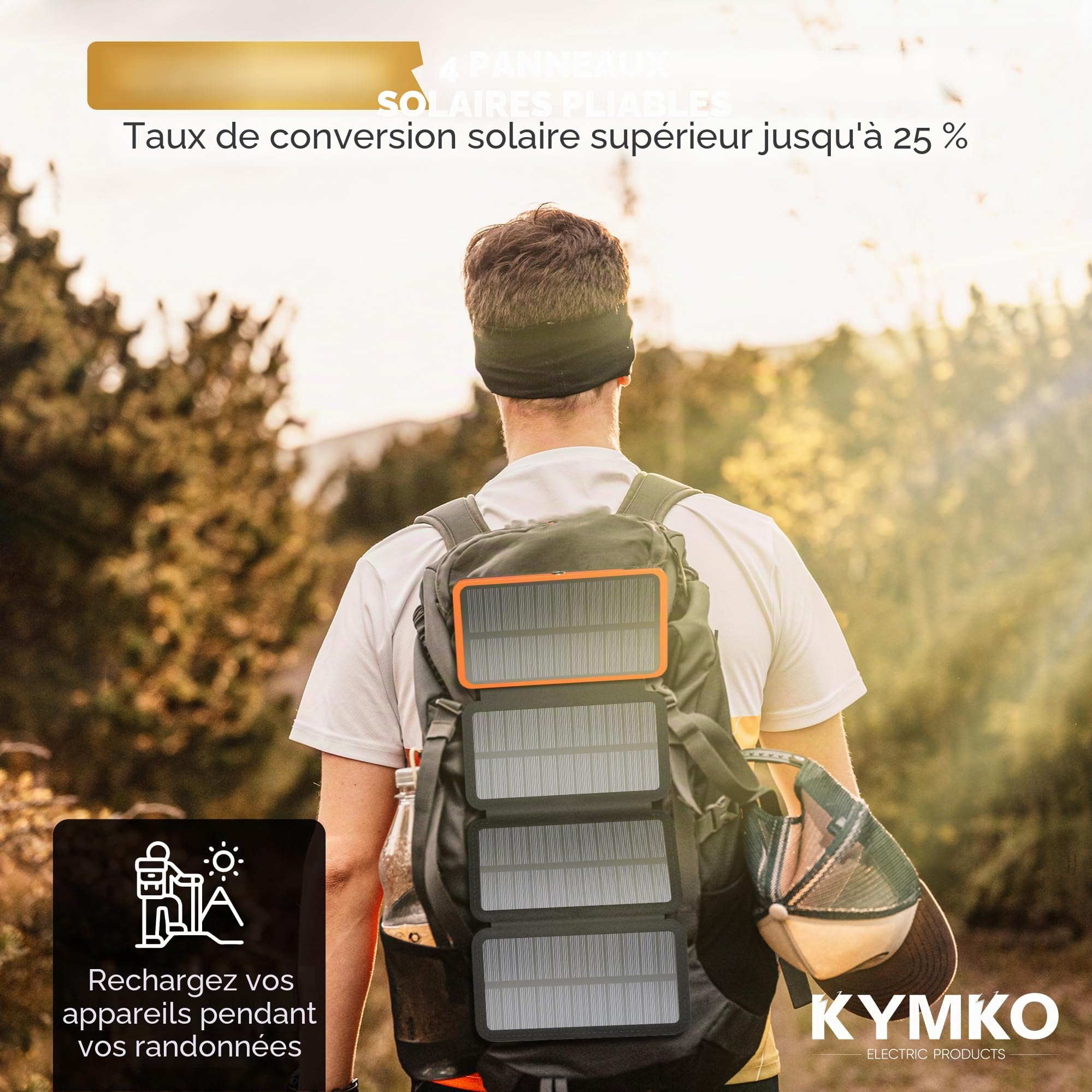 Chargeur solaire pour téléphone portable 27 000 mAh avec 4 panneaux solaires pliables | Power Bank solaire portable USB-C 22,5 W, lampe torche LED SOS, batterie externe IP66 | Idéal pour les
