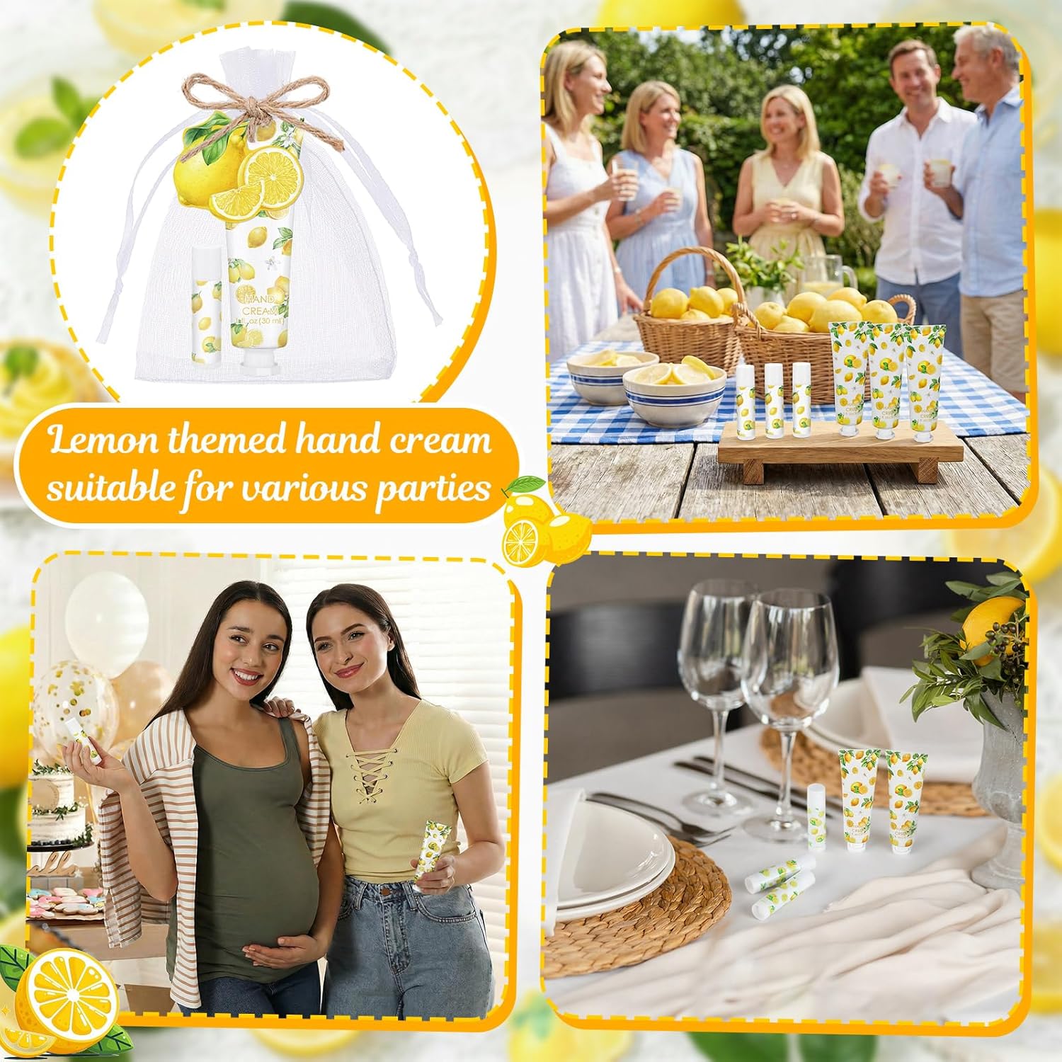 24 Sets Lemon Hand Cream and Lip Balm Gift Bridal Baby Shower Party Favors Travel Size Hand Lotion and Lip Balm Bulk with Organza Bags Tags Wedding Bridal Baby Shower Party Supplies for Guests