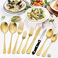 Vista 5 de LIANYU Juego de cubiertos de oro mate de 77 piezas con cuchillos para carne y utensilios de servir, moderno juego de cubiertos de acero inoxidable