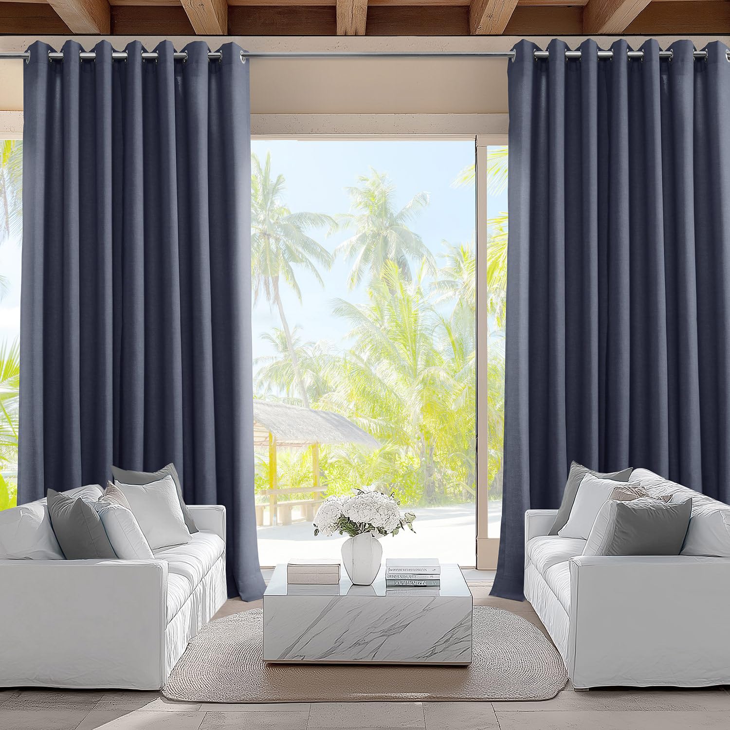 HPD Half Price Drapes Villanova Grommet Outdoor Curtains for Patio (1 Panel) - UV & Water Resistant Light Filtering 200 GSM Polyester Curtains with Metal Eyelets - 50W x 84L, Ocean Navy Blue-image-9